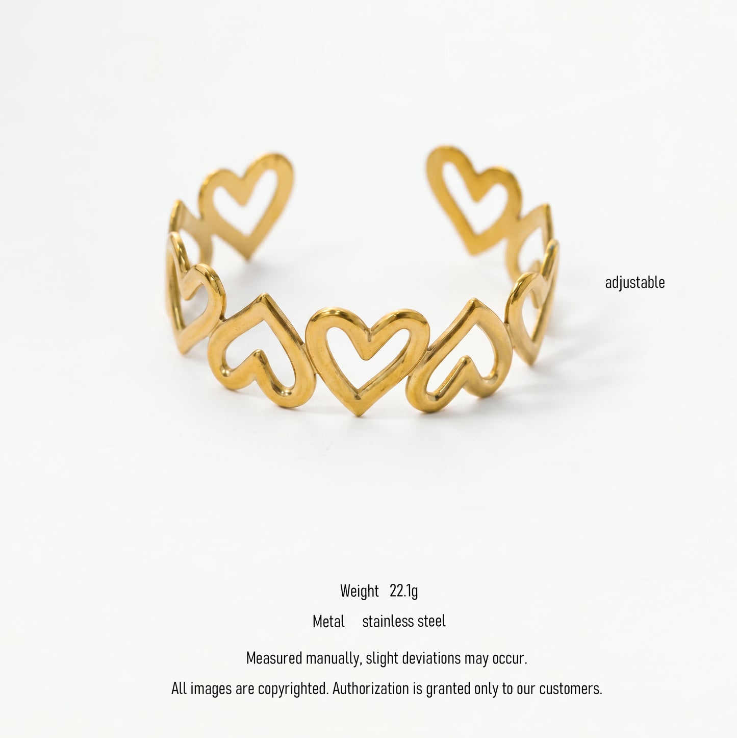 Lightweight Hollow Heart Open Bangle Bracelet, Tarnish Resistant