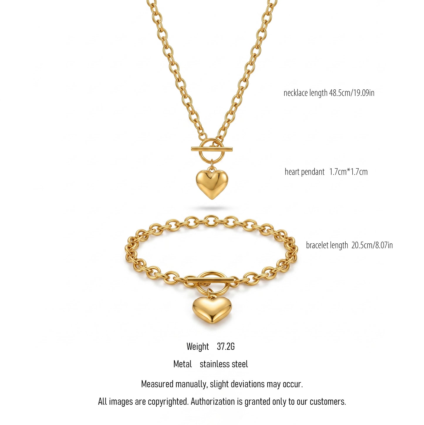 Toggle Clasp Puffy Heart Necklace & Bracelet Set - 18K Gold Plated Waterproof Stainless Steel