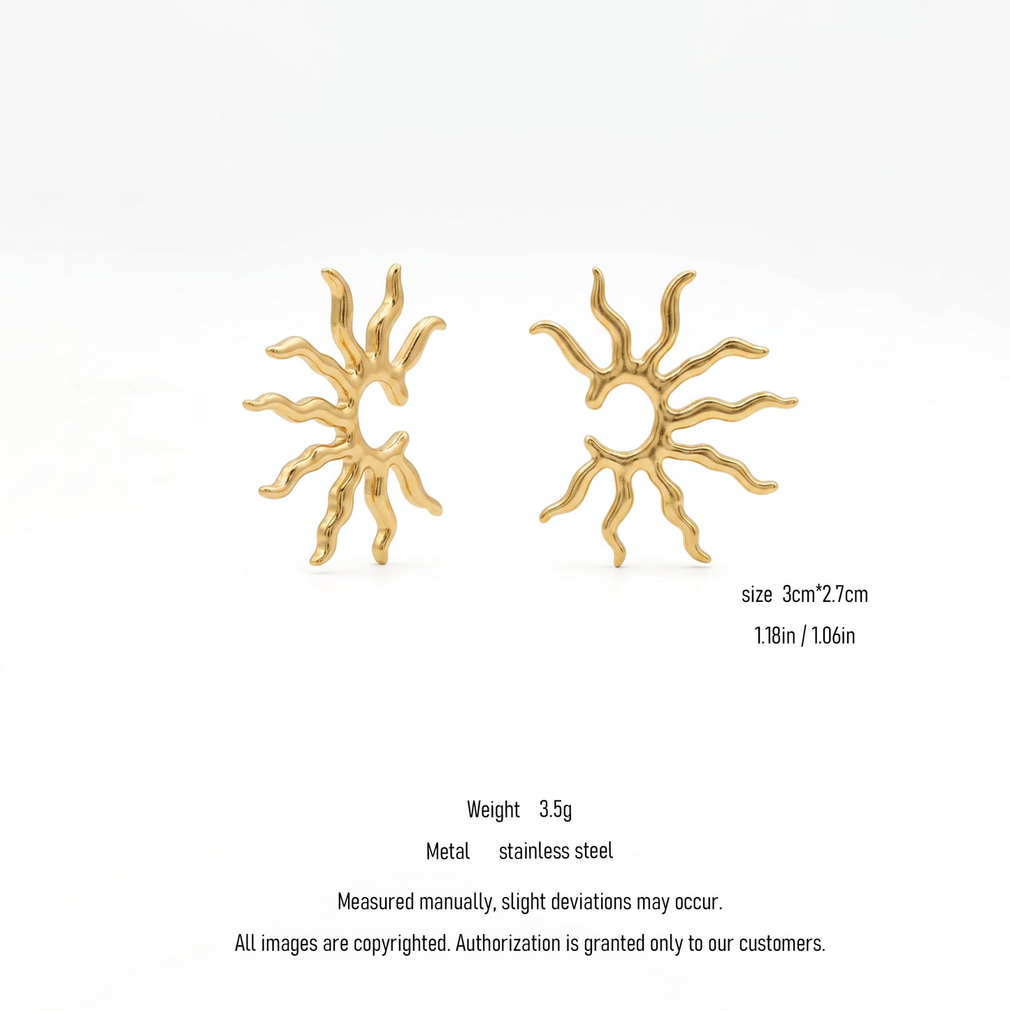 Gold Wavy Sun Open Stud Earrings - Tarnish Resistant Stainless Steel Hypoallergenic Boho Beach Fashion Jewelry for Women
