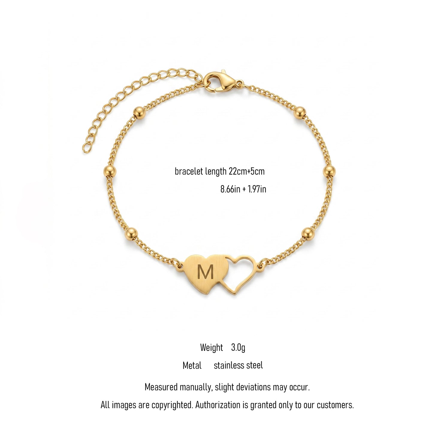 Personalized Initial Heart Bracelet - 18K Gold Plated Stainless Steel Adjustable Chain