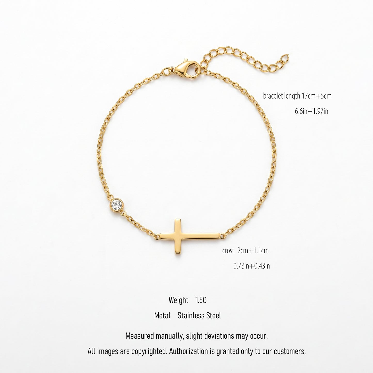 Dainty Sideways Cross Bracelet with Solitaire Zircon - Water-Resistant Stainless Steel