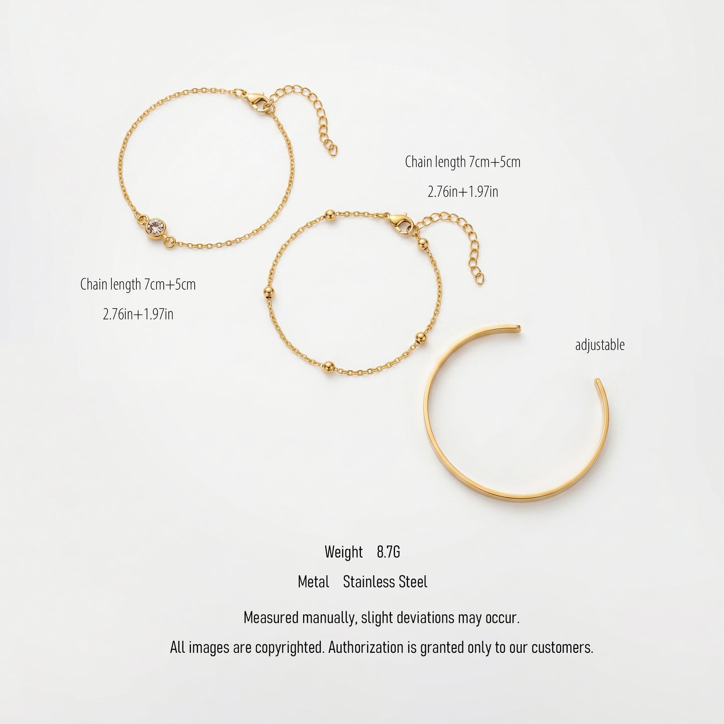 Dainty Layered Bracelet Trio - 18K Gold Plated Cuff Bangle, CZ Charm & Satellite Chain Waterproof Bracelet Set for Women