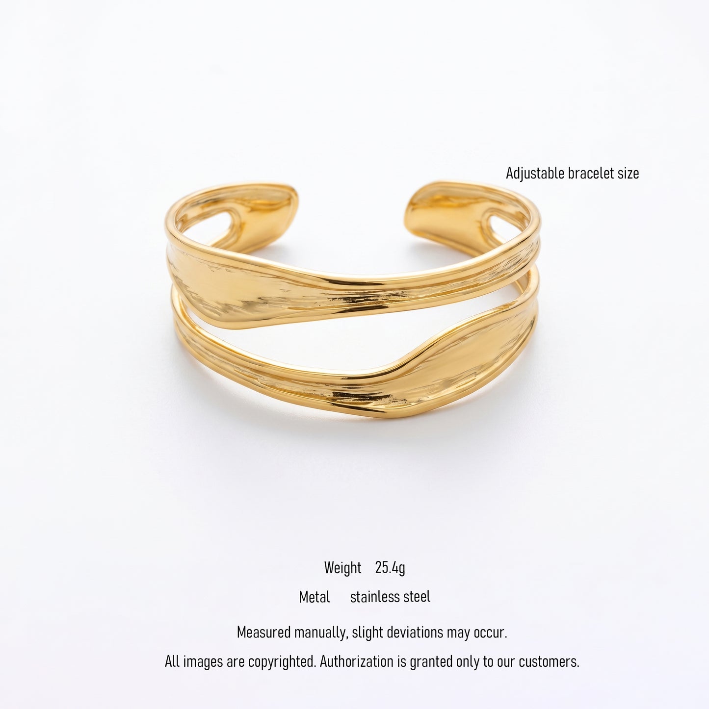 Sleek Double Layer Wave Bangle - 18K Gold Plated Everyday Adjustable Open Bracelet