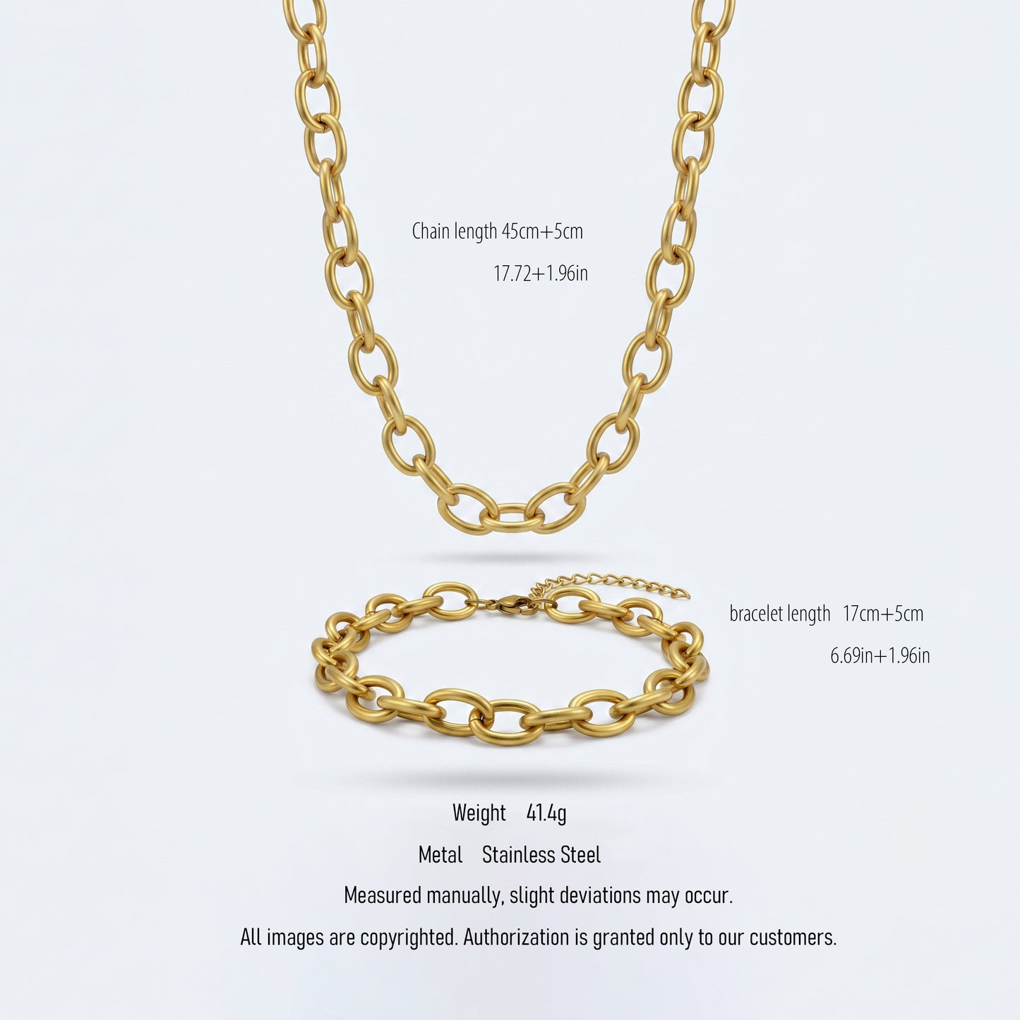 Matte Gold Oval Link Chain Necklace & Bracelet Set - Tarnish Free Stainless Steel Chunky Jewelry for Women