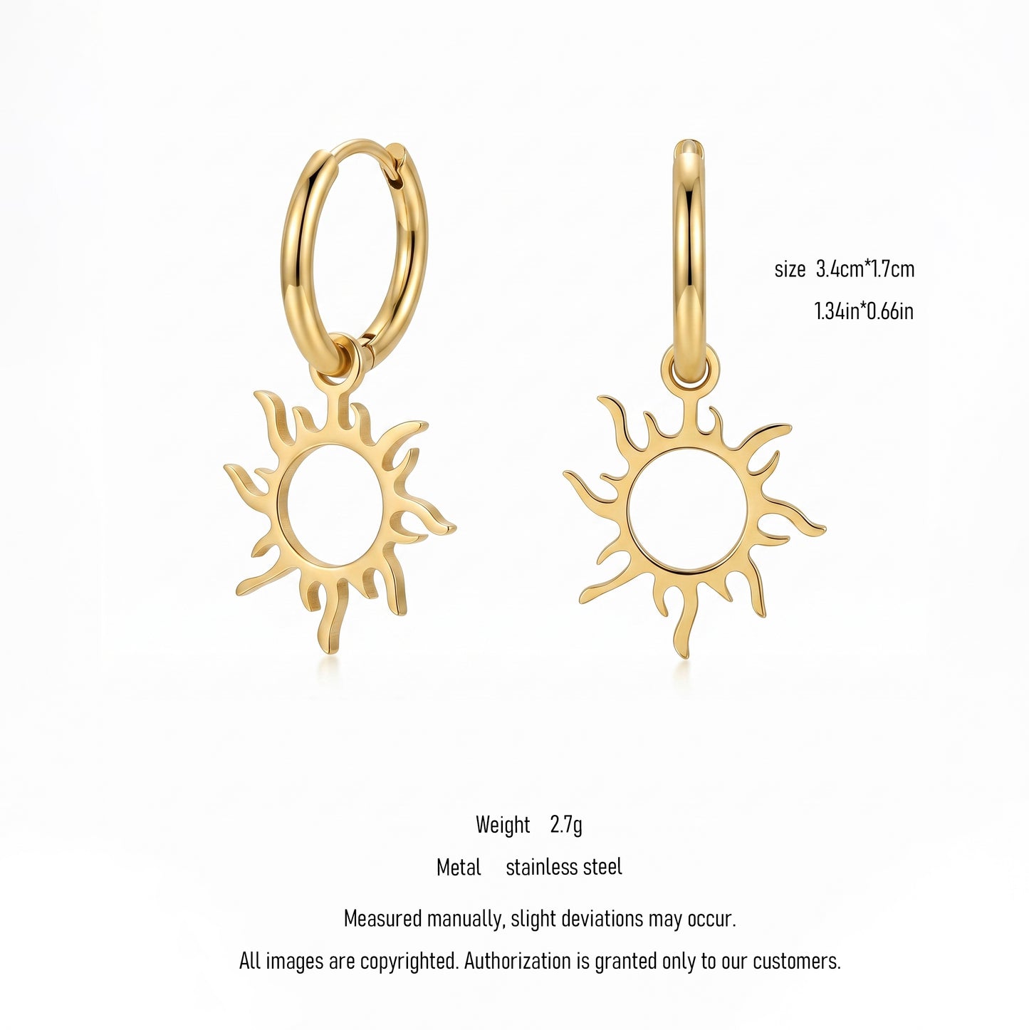 Tarnish Resistant Sun Hoop Earrings, Stainless Steel 18K Gold Plated Waterproof Vacation Jewelry