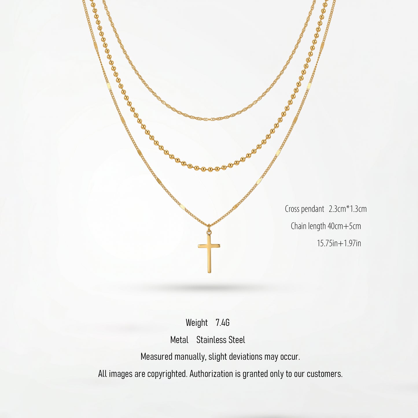 3-Piece Layered Cross Charm Necklace Set - 18K Gold Plated Hypoallergenic Waterproof Stainless Steel Jewelry for Women