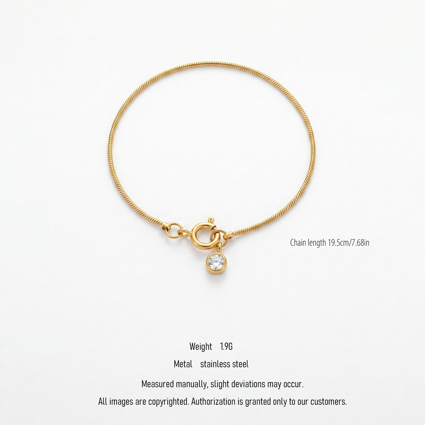 Dainty Snake Chain Solitaire CZ Bracelet - 18K Gold Plated Waterproof Stainless Steel