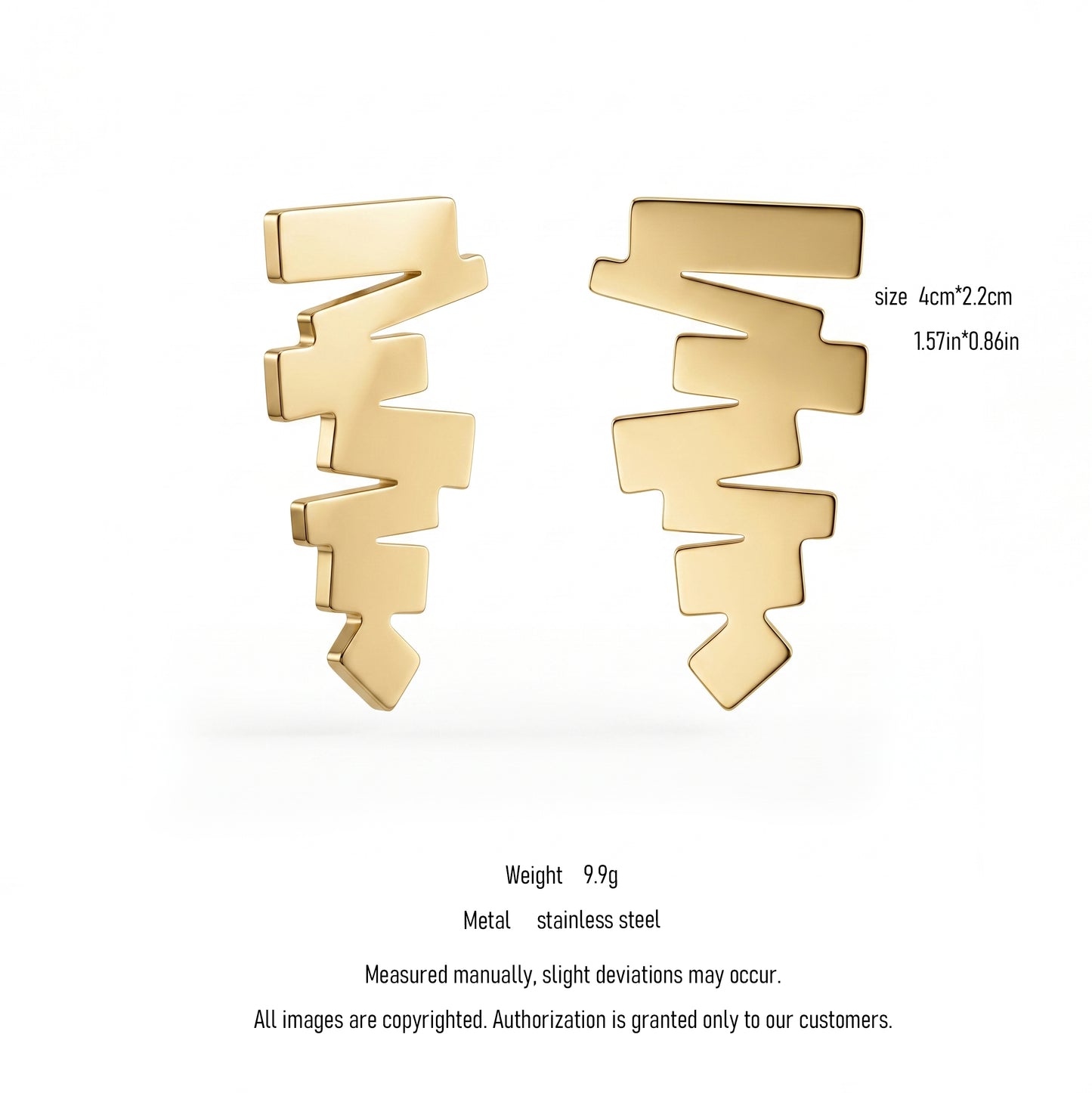 18K Gold Plated Geometric Zigzag Stud Earrings, Stainless Steel Modern Statement Jewelry