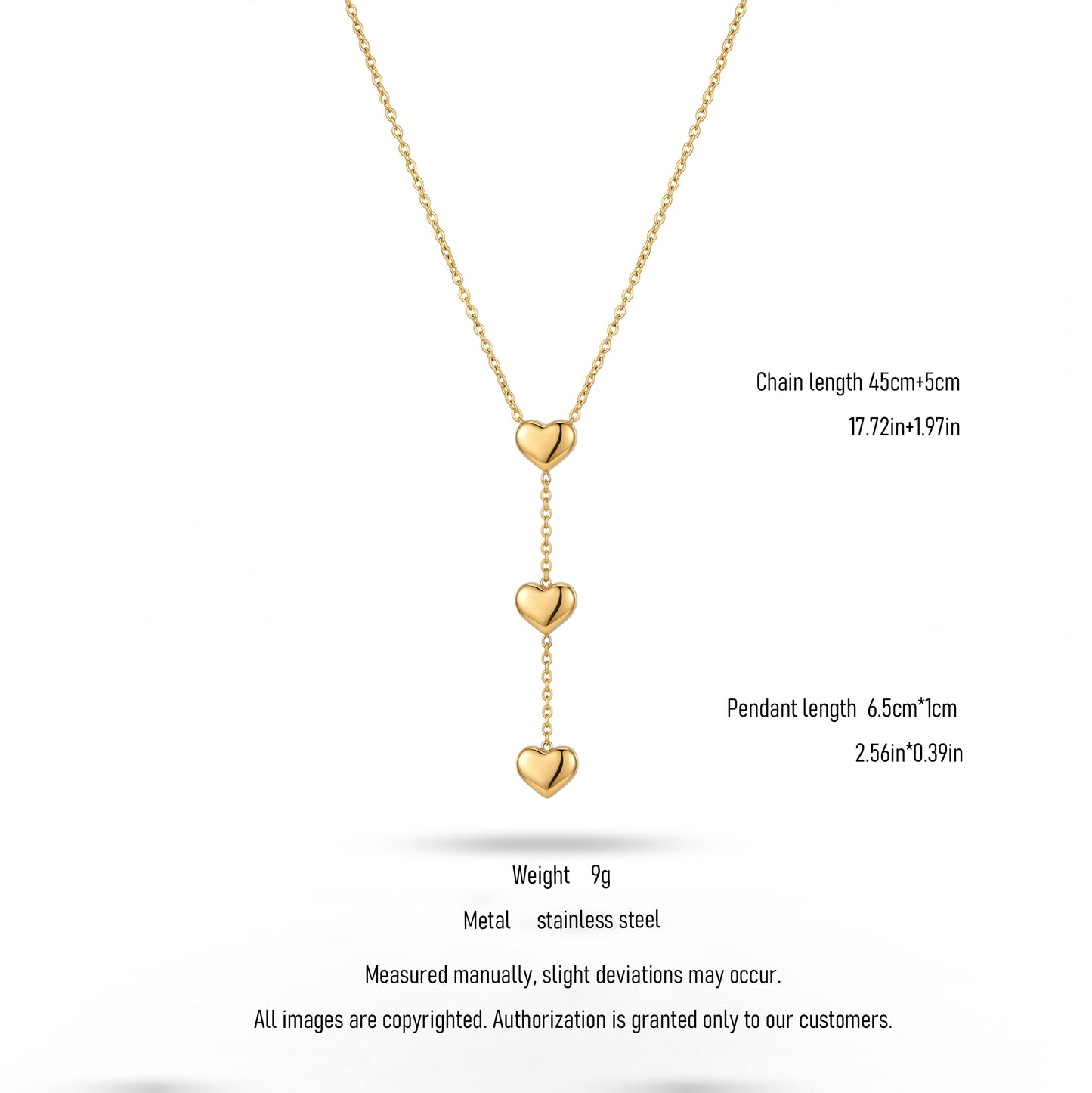 Waterproof Cascading Heart Lariat Necklace - 18K Gold Plated Stainless Steel Y-Shaped Drop Chain
