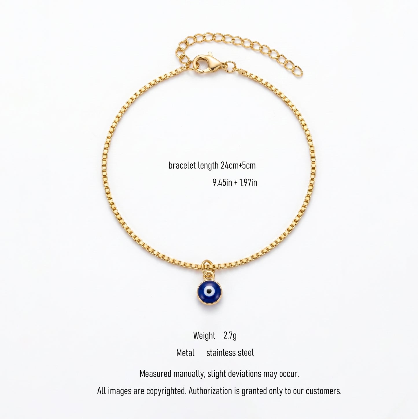 Hypoallergenic Blue Eye Charm Bracelet - Adjustable Box Chain 18K Gold Plated Bracelet