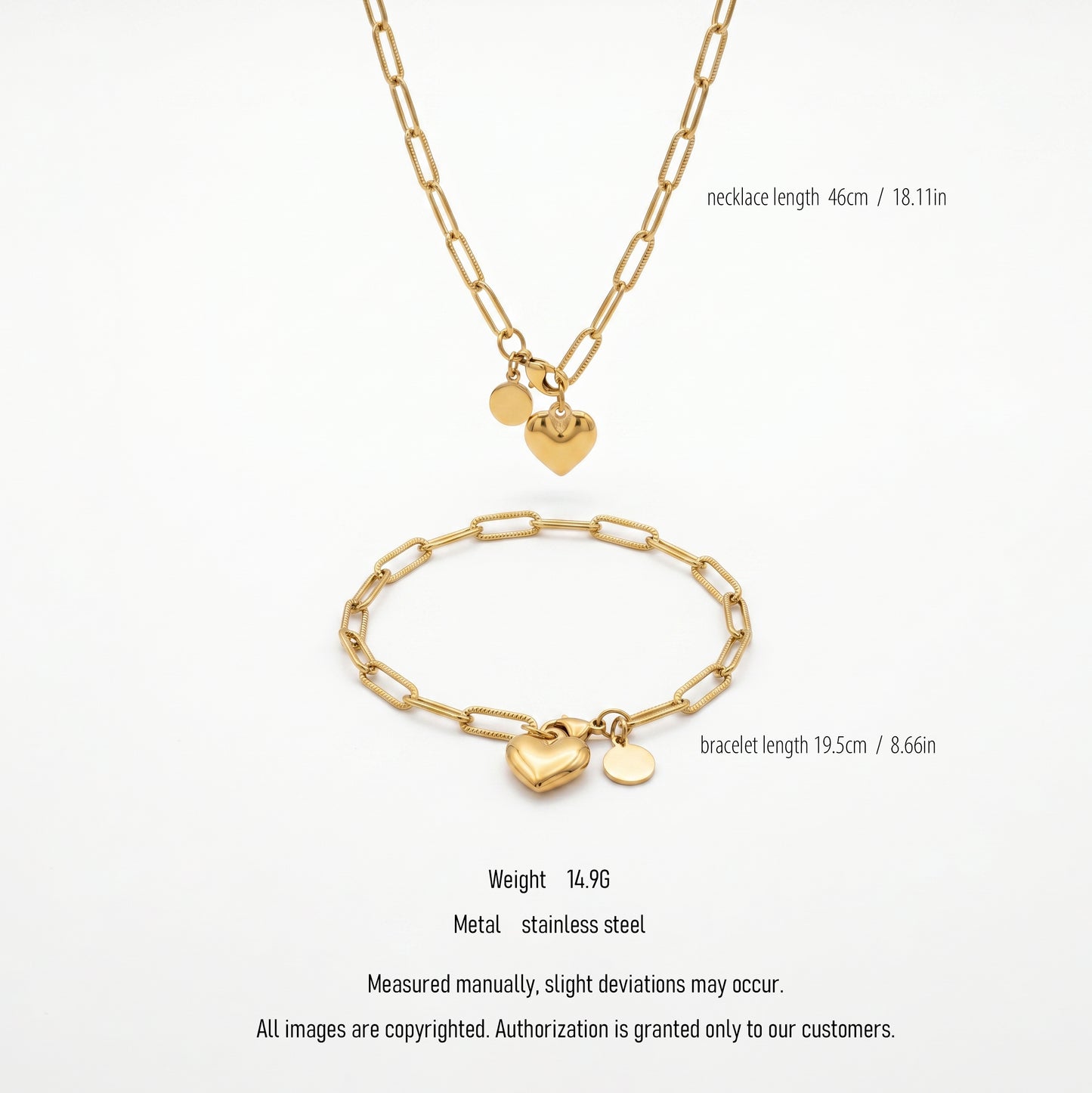 Heart Charm Paperclip Chain Jewelry Set - 18K Gold Plated Waterproof Stainless Steel