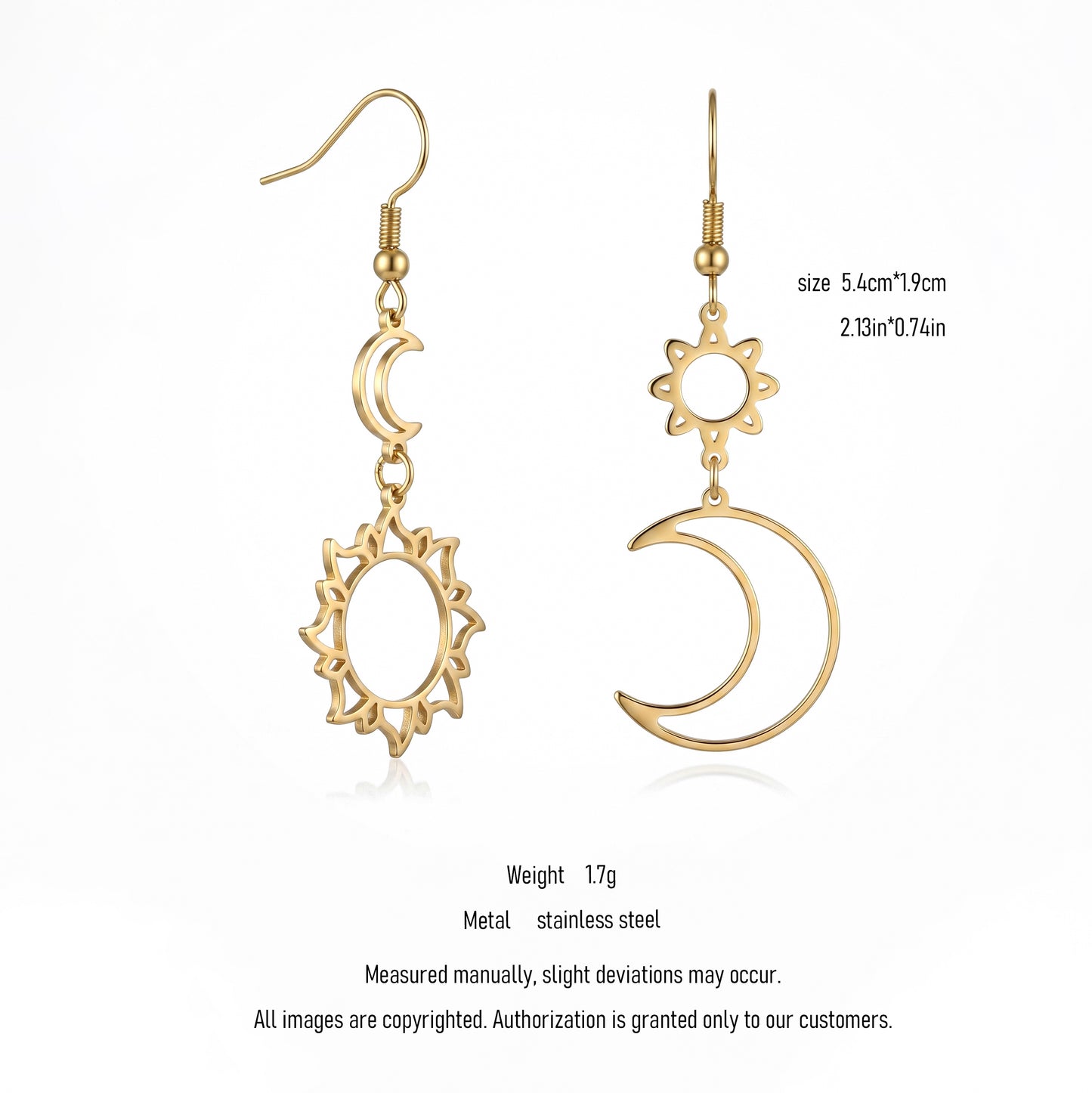 Nickel Free Asymmetric Sun Moon Earrings, Stainless Steel Hypoallergenic No Fade Drop Earrings