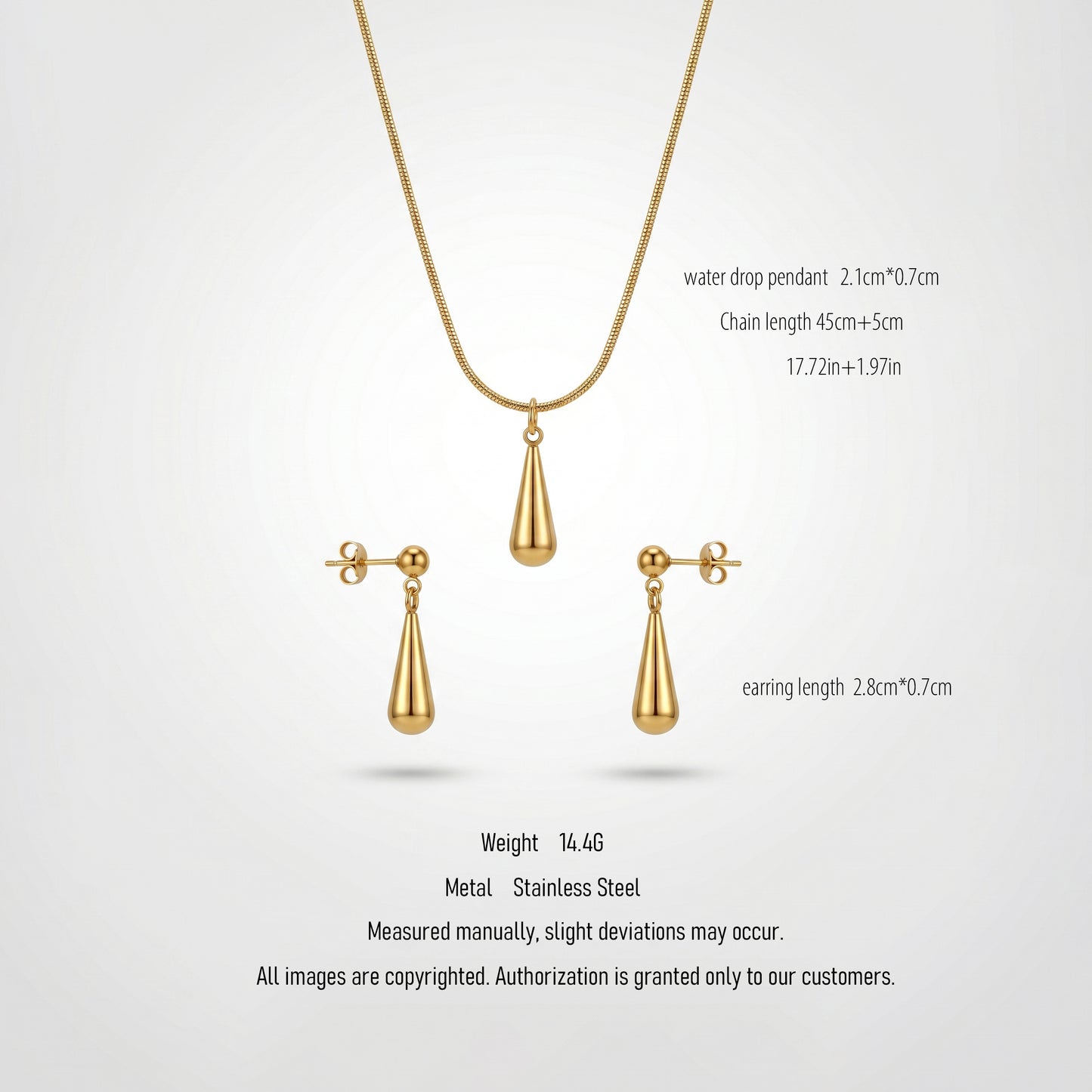 Skin-Safe Hypoallergenic Teardrop Jewelry Set - 18K Gold Stainless Steel Necklace & Earrings for Sensitive Skin