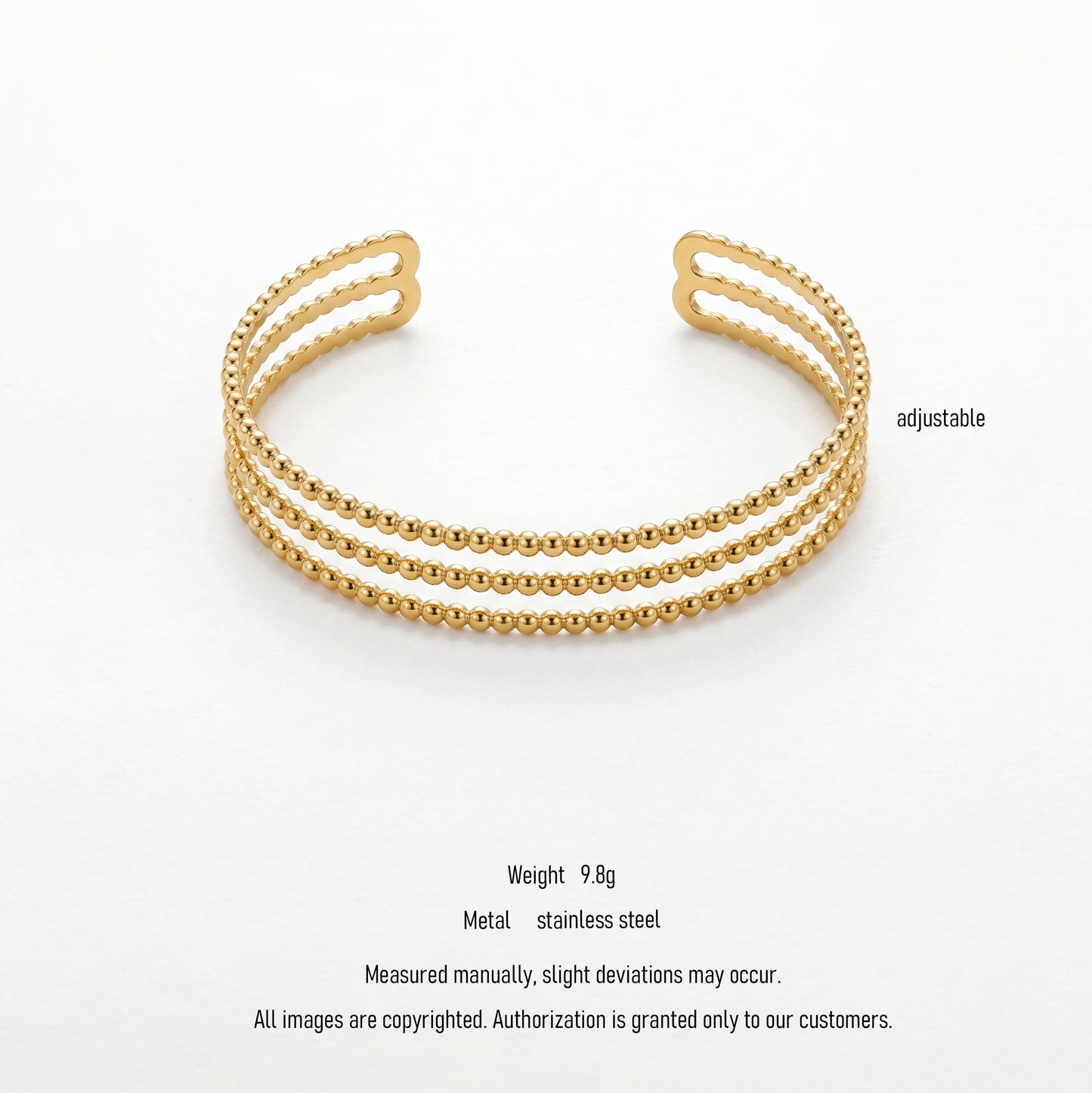 Adjustable 3-Row Beaded Open Cuff Bangle, Stainless Steel Ball Chain Bracelet