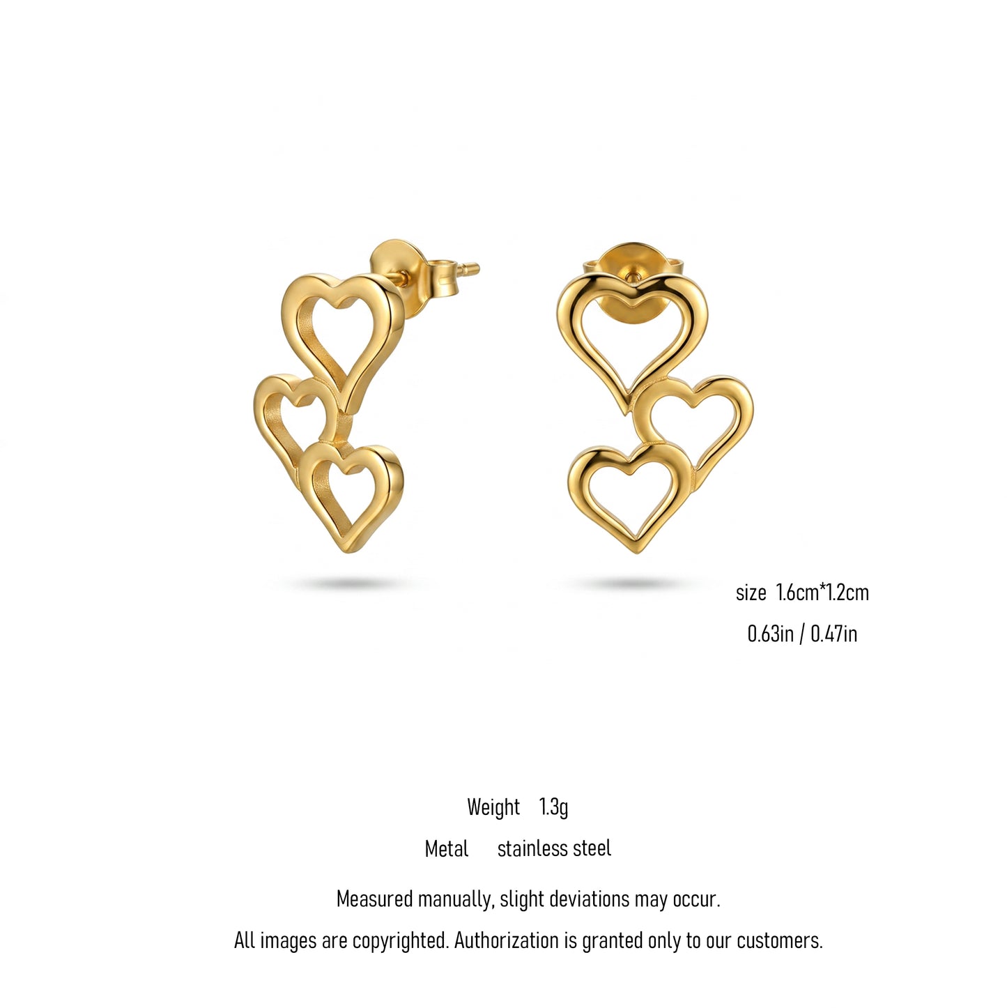 Luxury 18K Gold Filled Triple Hollow Heart Earrings Premium Stainless Steel Piercing Jewelry Anti-allergy Daily Accessory for Ladies