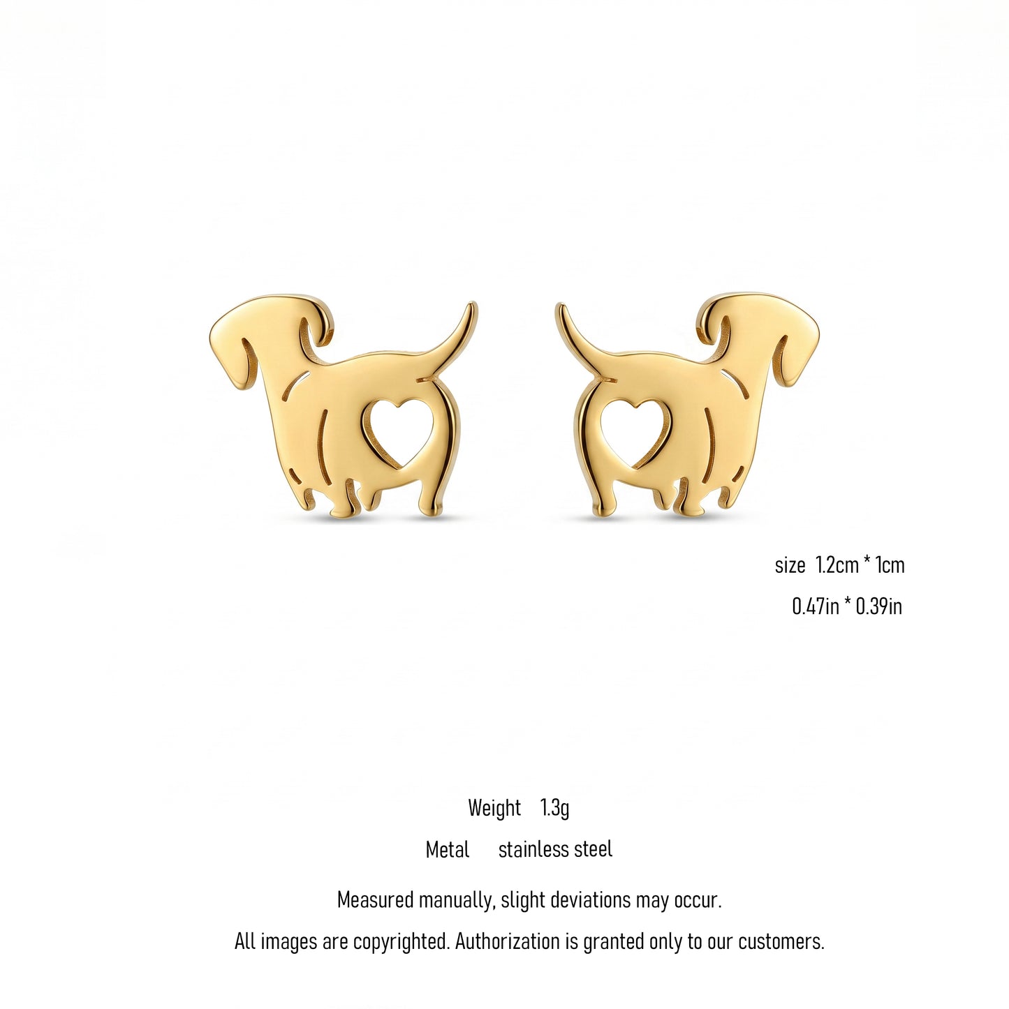 Gold Dachshund Dog Stud Earrings with Heart Cutout - Waterproof Stainless Steel Hypoallergenic Minimalist Earrings for Dog Mom Daily Wear