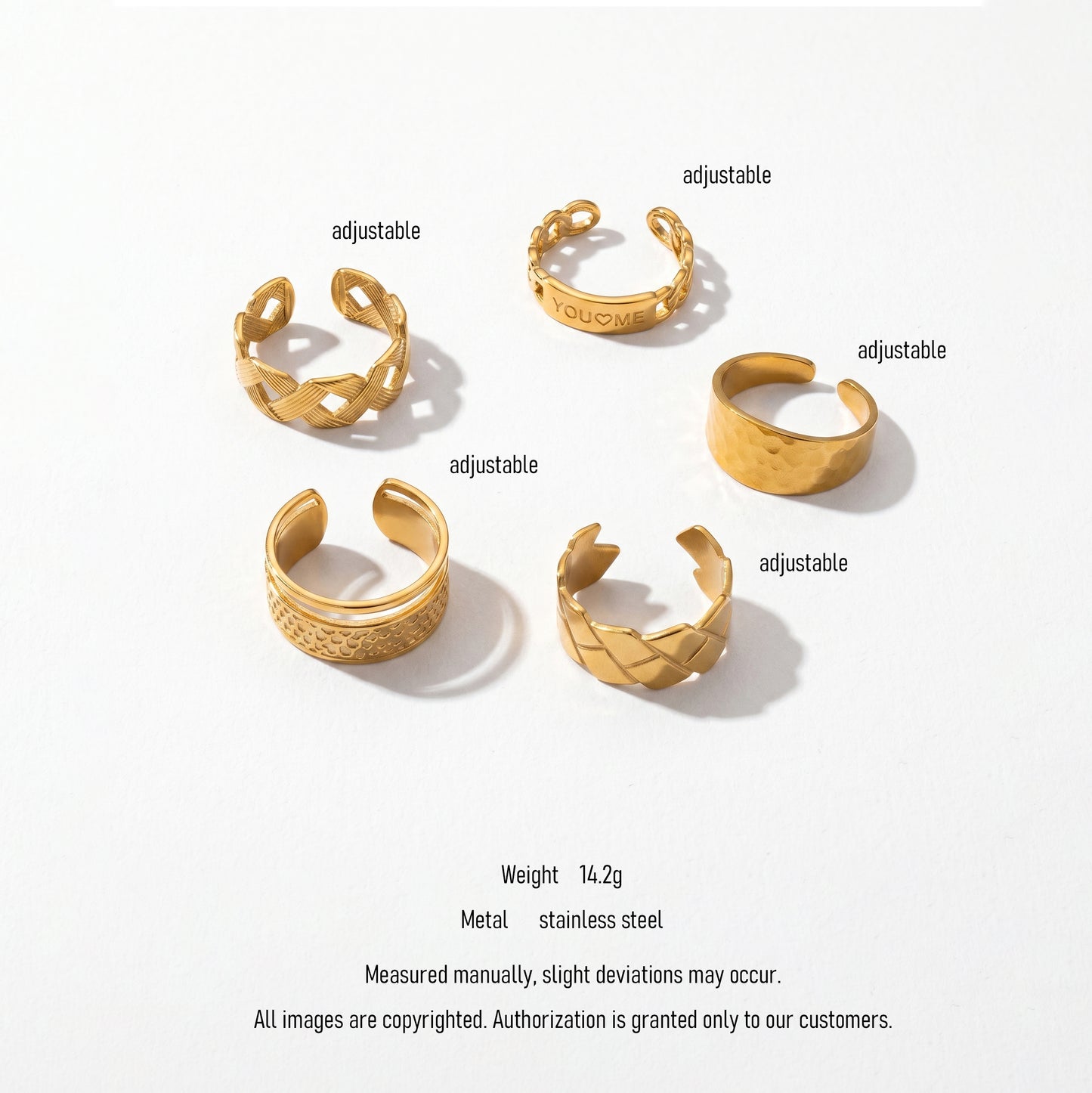 Hypoallergenic Gold Open Ring Set 5Pcs - You & Me Engraved Stackable Rings for Women’s Daily Jewelry