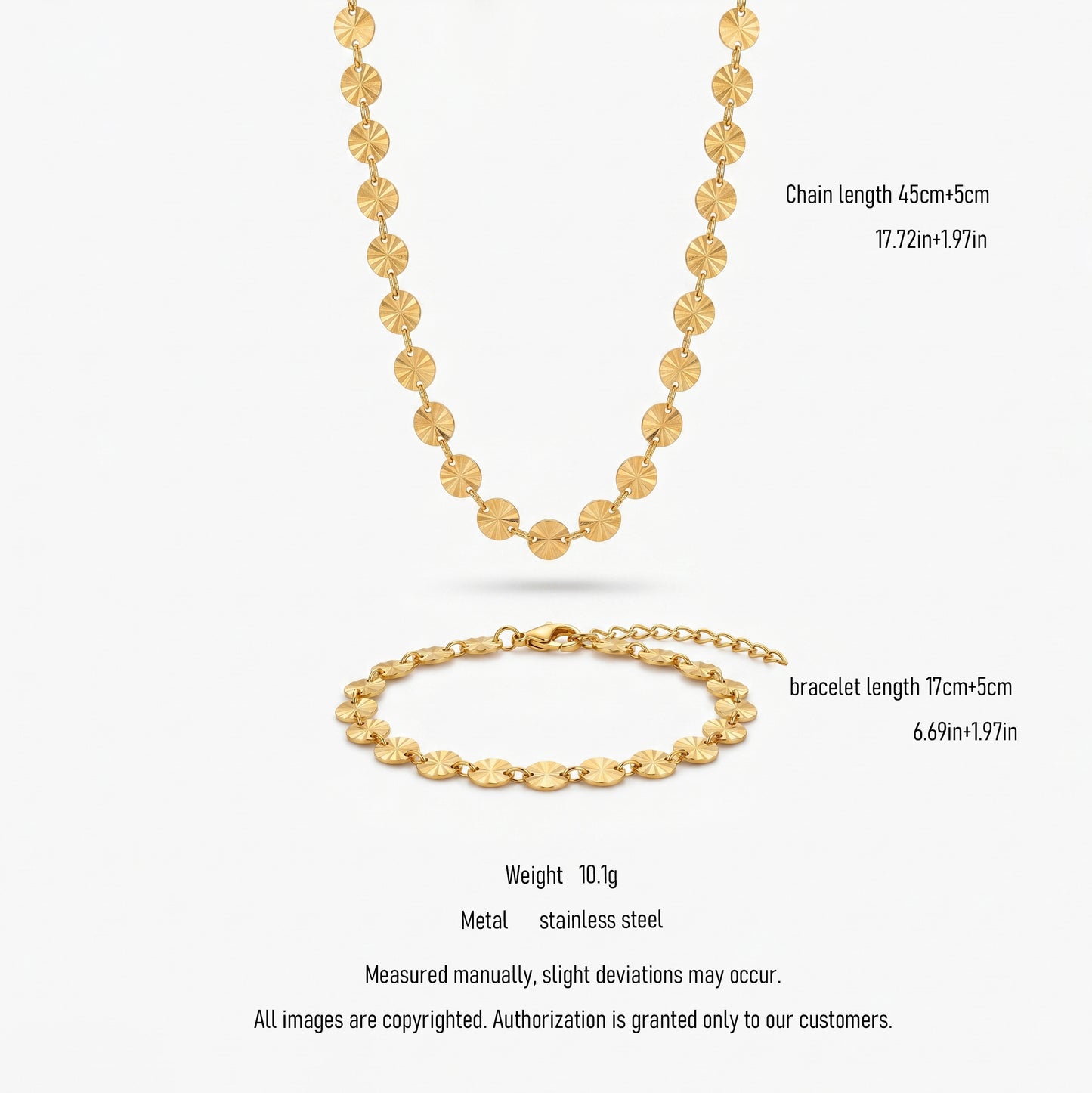 Hypoallergenic Starburst Disk Jewelry Set - Tarnish Resistant 18K Gold Plated Matching Chain Set