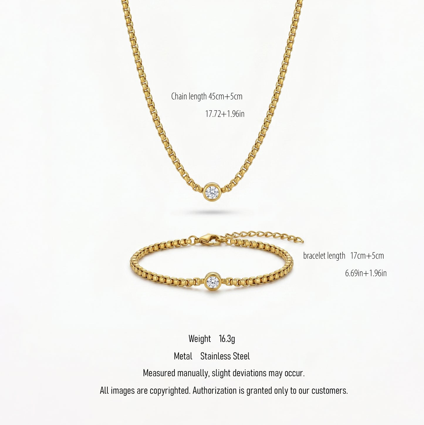 18K Gold Plated Bezel Solitaire Box Chain Necklace & Bracelet Set - Tarnish Free Stainless Steel Jewelry for Women