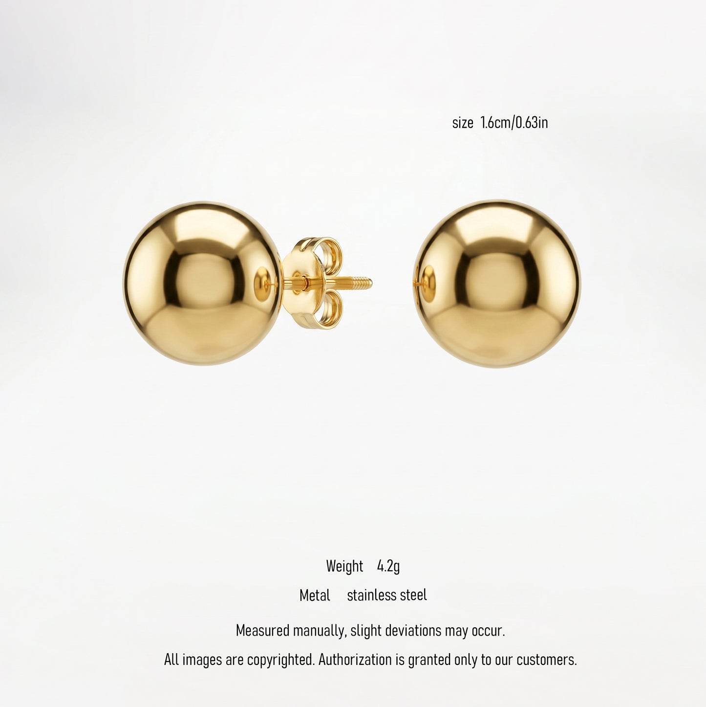 Waterproof & Hypoallergenic Stainless Steel Ball Stud Earrings, Gold Plated Round Bead Earrings