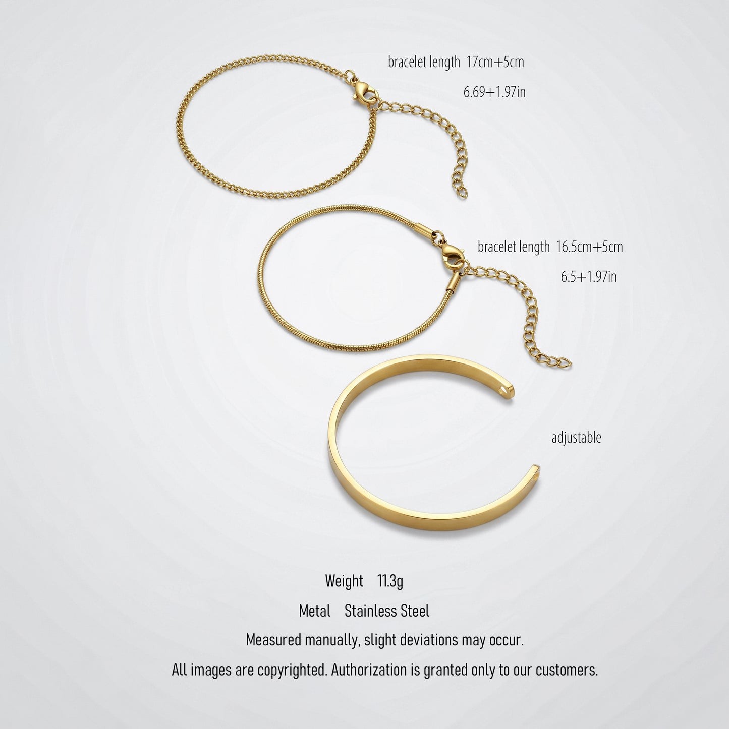 Dainty Gold Cuff Bangle & Chain Bracelet Stack Set - Hypoallergenic Everyday Wear Jewelry for Women