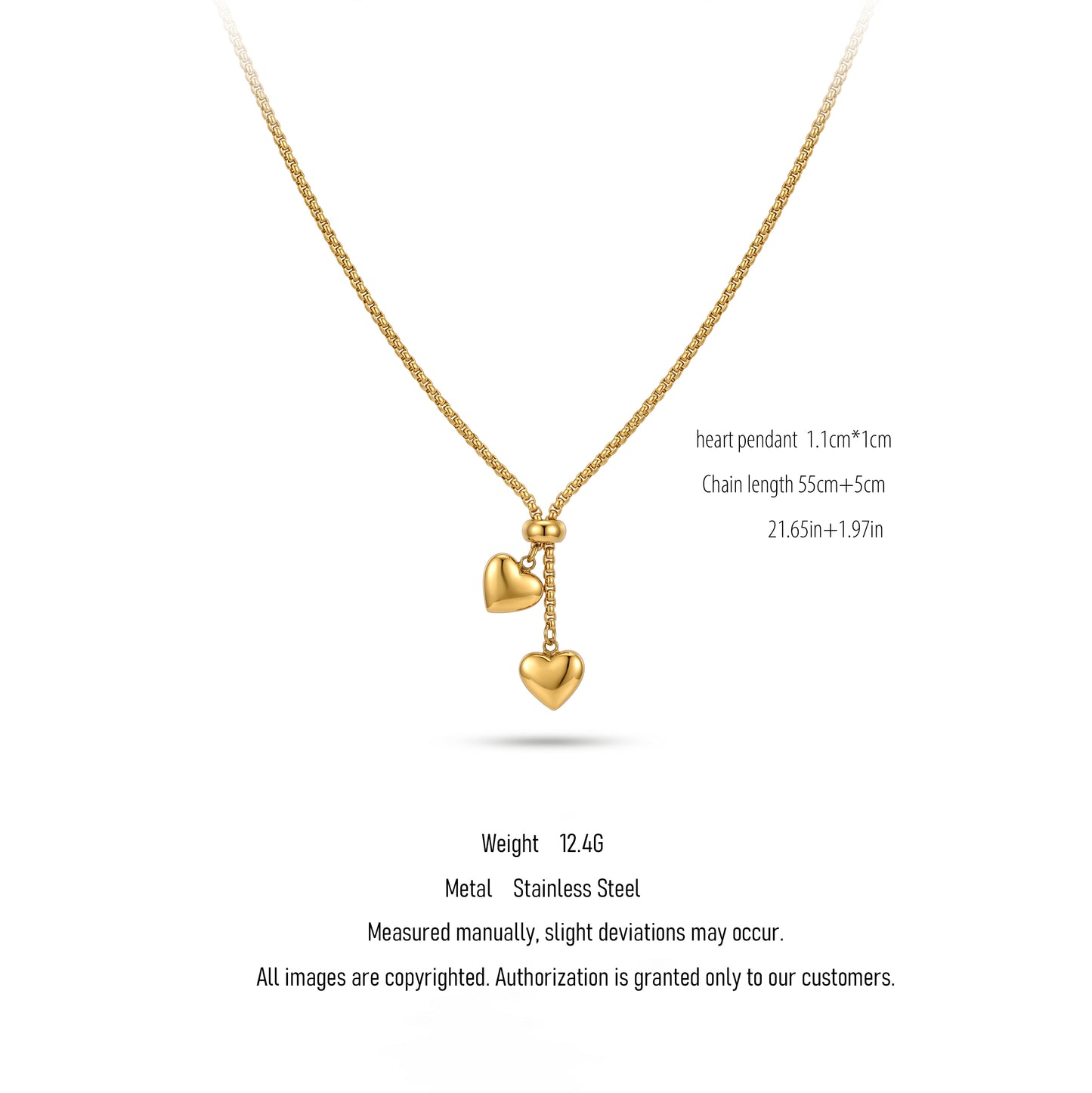 Adjustable Double Heart Pendant Necklace - Waterproof Stainless Steel in Gold & Silver