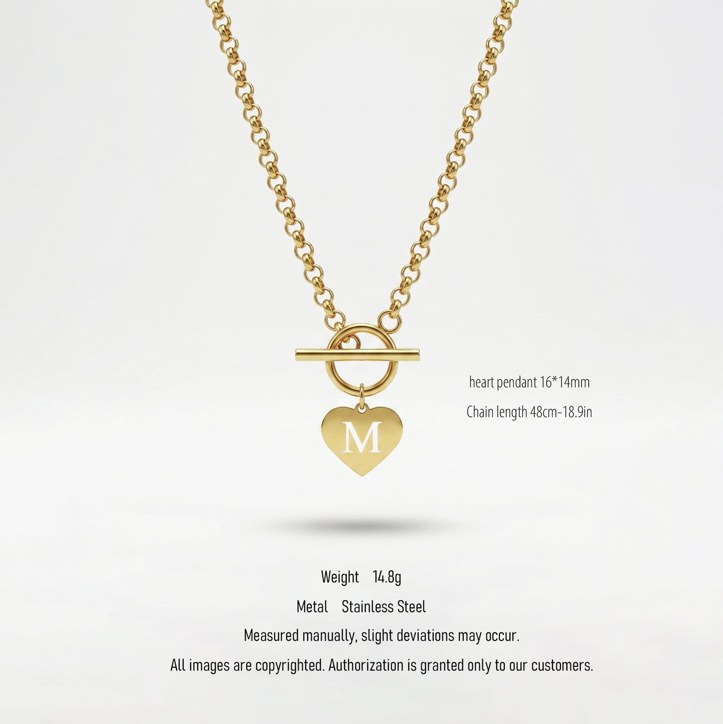 18K Gold Plated Initial M Heart Toggle Necklace - Stainless Steel Curb Chain Choker for Women