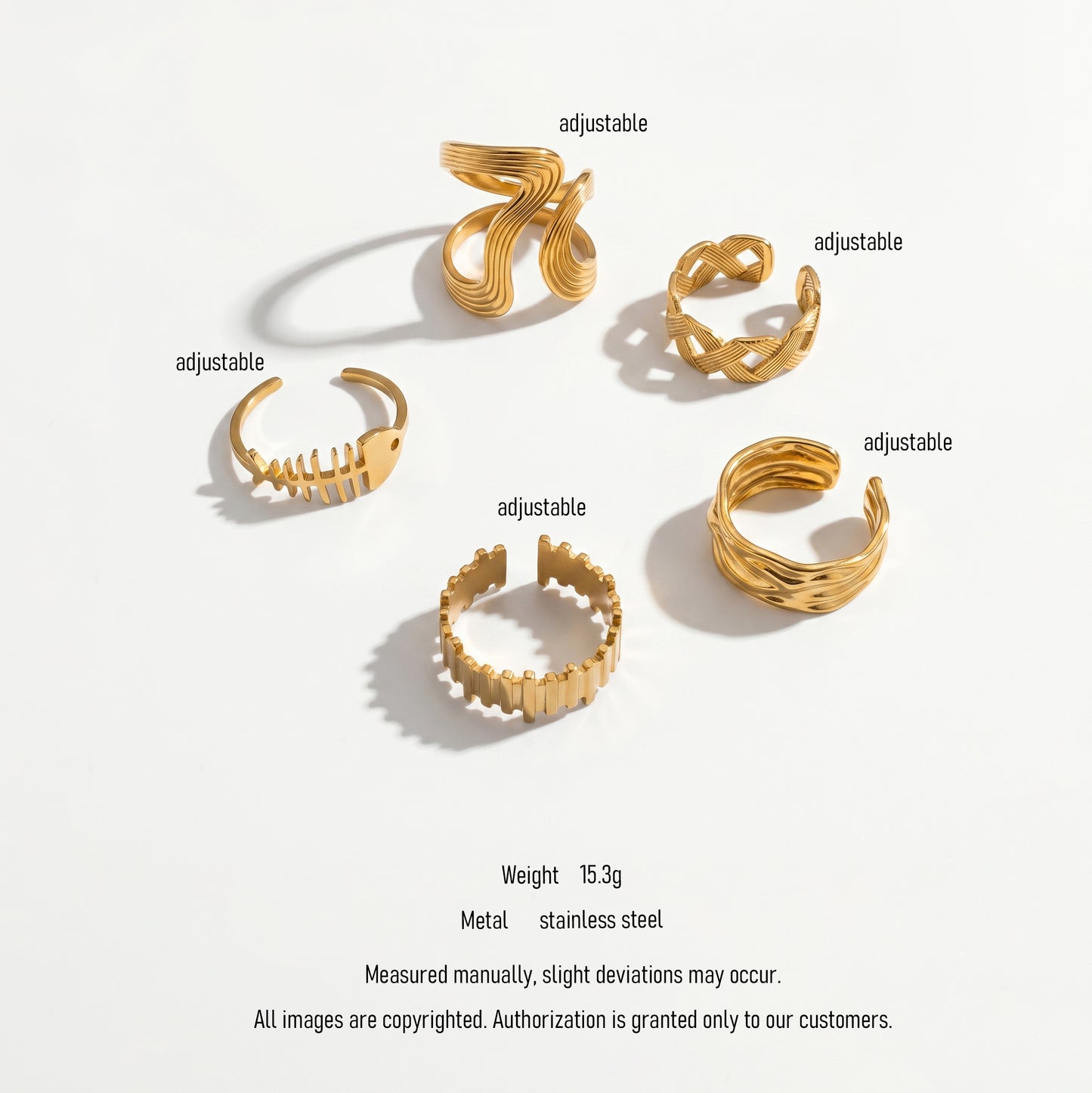 18K Gold Plated Wave Teardrop Design Open Ring Set | 5Pcs Adjustable Stackable Rings