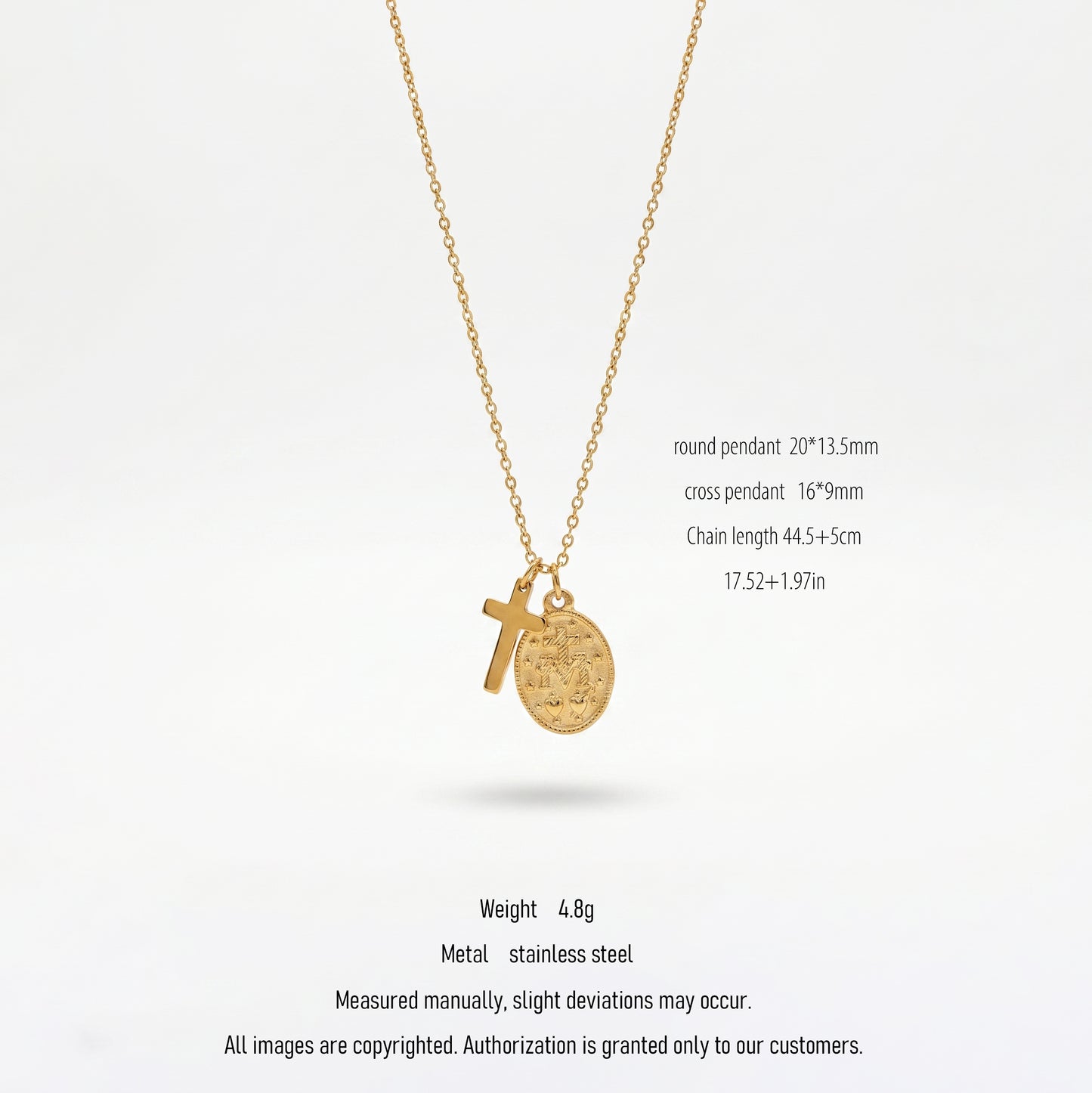 Gold Cross & Miraculous Medal Pendant Necklace - 18K Gold Plated Stainless Steel