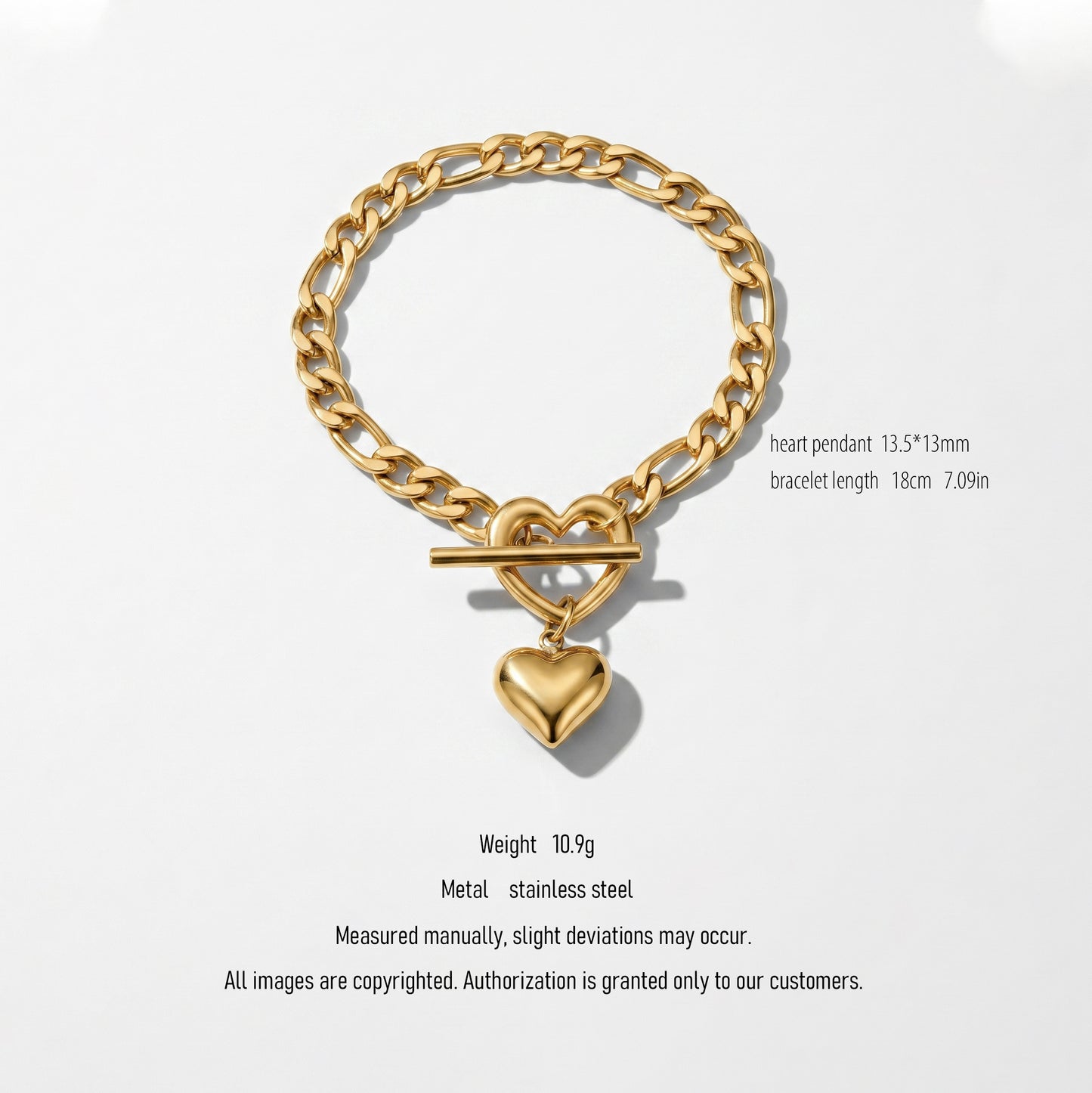 18K Gold Plated Heart Toggle Chain Bracelet, Waterproof Stainless Steel
