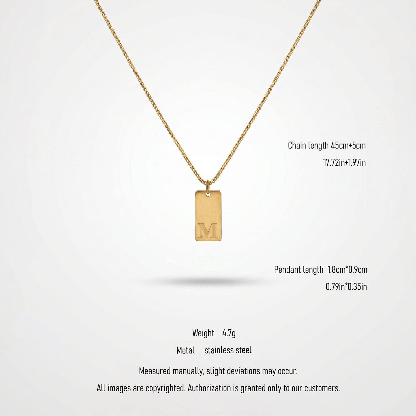Hypoallergenic Monogram Letter M Bar Necklace - Tarnish Resistant 18K Gold Plated Rectangle Tag Pendant