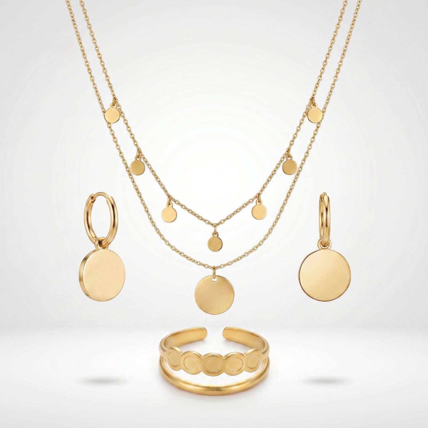 Waterproof Stainless Steel Disc Jewelry Set, Gold Plated Hypoallergenic Layered Necklace, Earrings & Ring