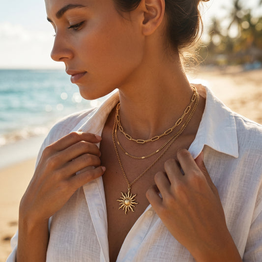 Triple Strand Sunburst Charm Necklace - 18K Gold Plated Sweat & Water Resistant Stainless Steel