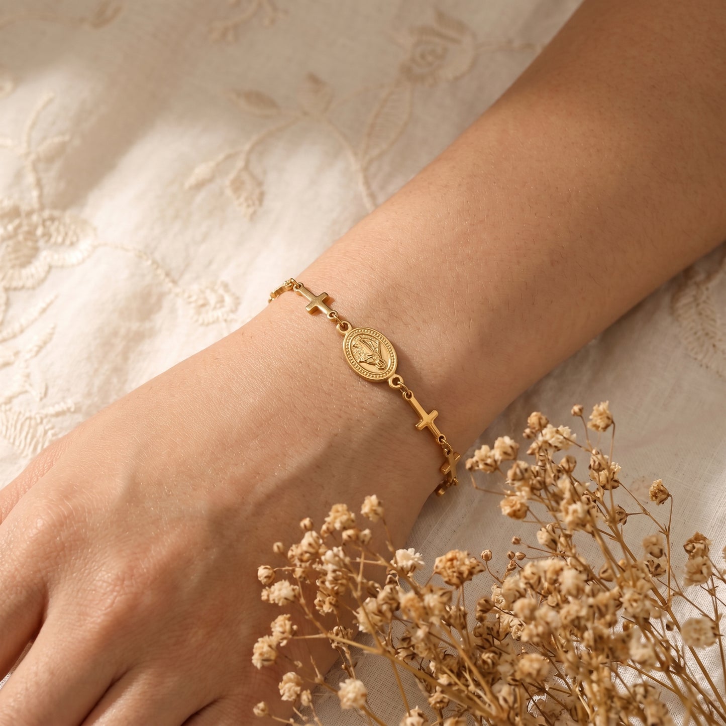 18K Gold Plated Virgin Mary Cross Bracelet, Tarnish-Resistant