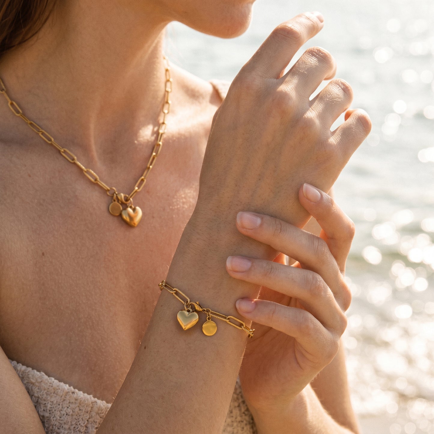 Heart Charm Paperclip Chain Jewelry Set - 18K Gold Plated Waterproof Stainless Steel