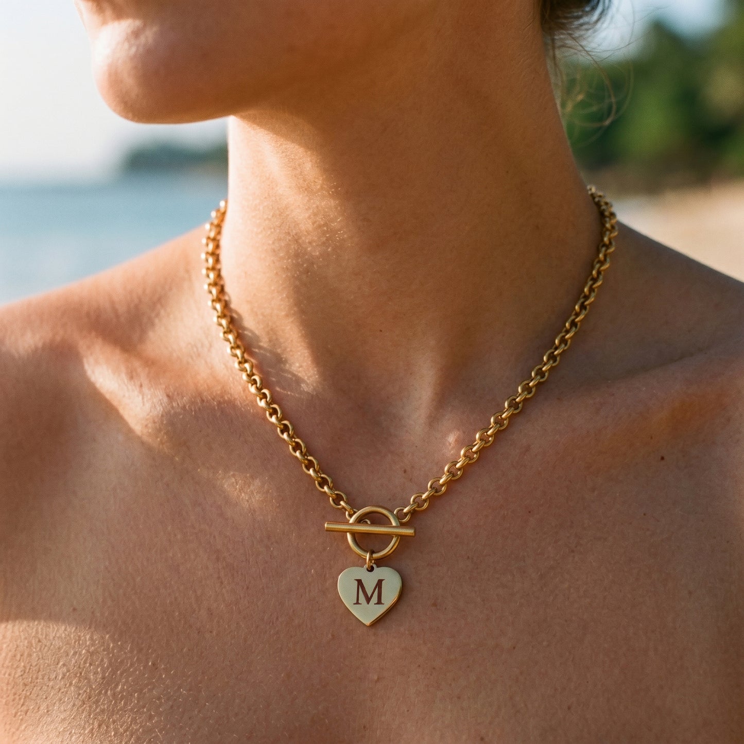 18K Gold Plated Initial M Heart Toggle Necklace - Stainless Steel Curb Chain Choker for Women