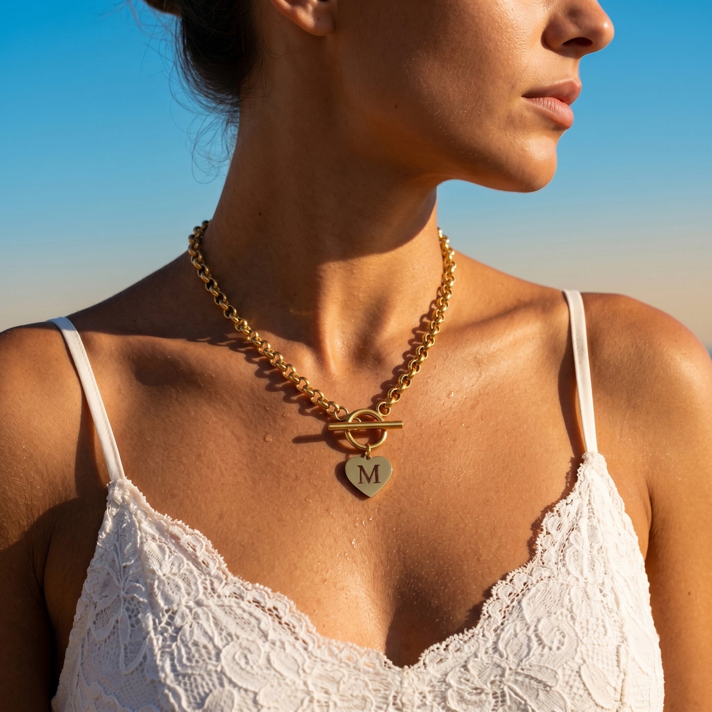 18K Gold Plated Initial M Heart Toggle Necklace - Stainless Steel Curb Chain Choker for Women