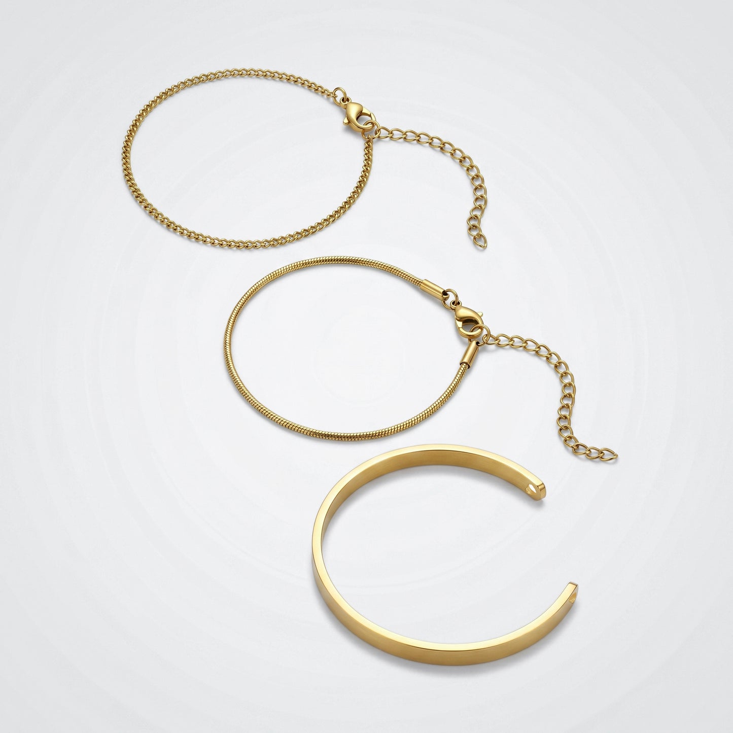Dainty Gold Cuff Bangle & Chain Bracelet Stack Set - Hypoallergenic Everyday Wear Jewelry for Women