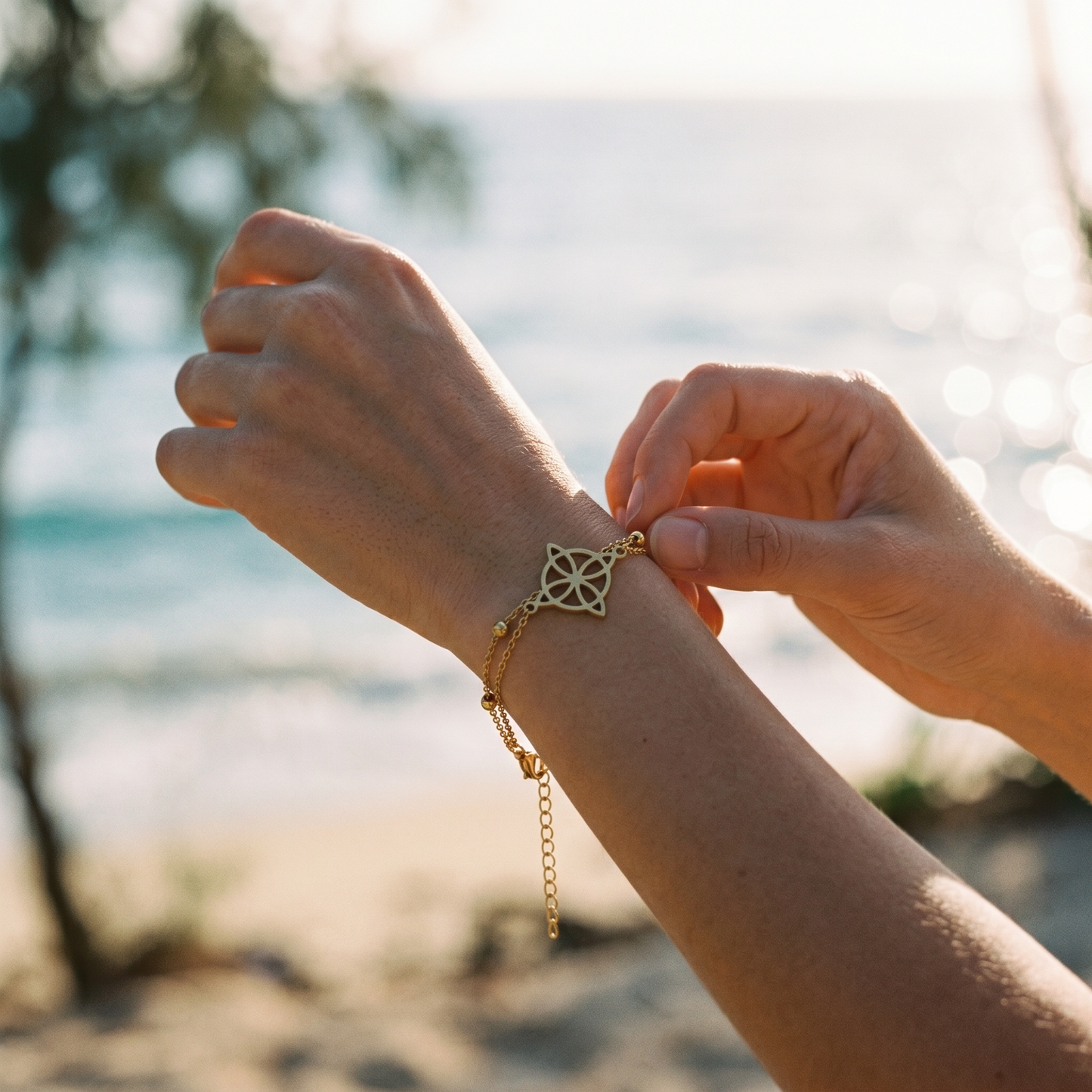 Celestial Knot Double Chain Bracelet in Gold – Minimalist Sacred Geometry Jewelry for Everyday Elegance
