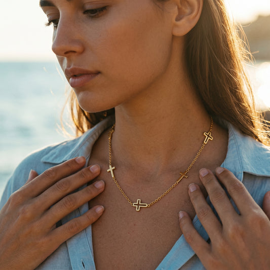 Multi Cross Station Necklace - 18K Gold Plated Waterproof Stainless Steel