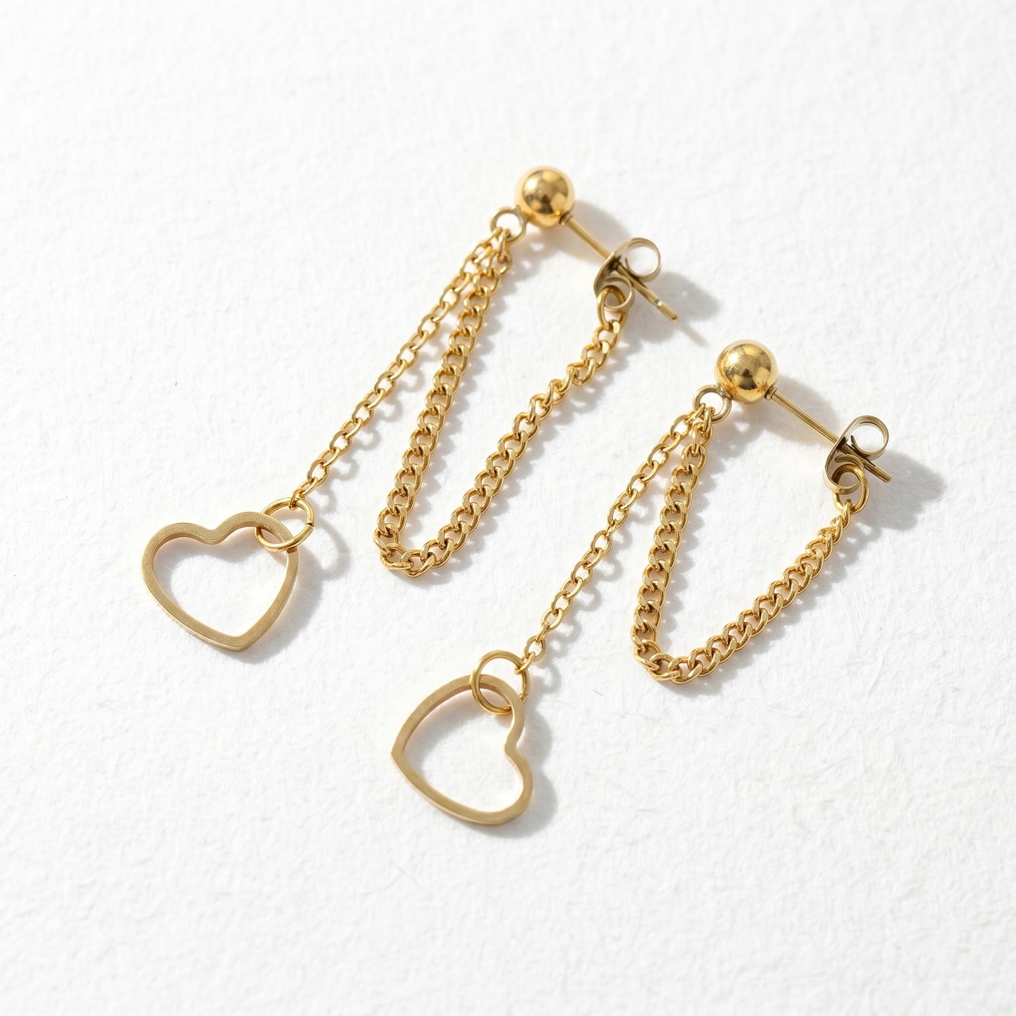 Gold Heart Chain Drop Earrings – Minimalist Stainless Steel Dangle Earrings with Romantic Edge