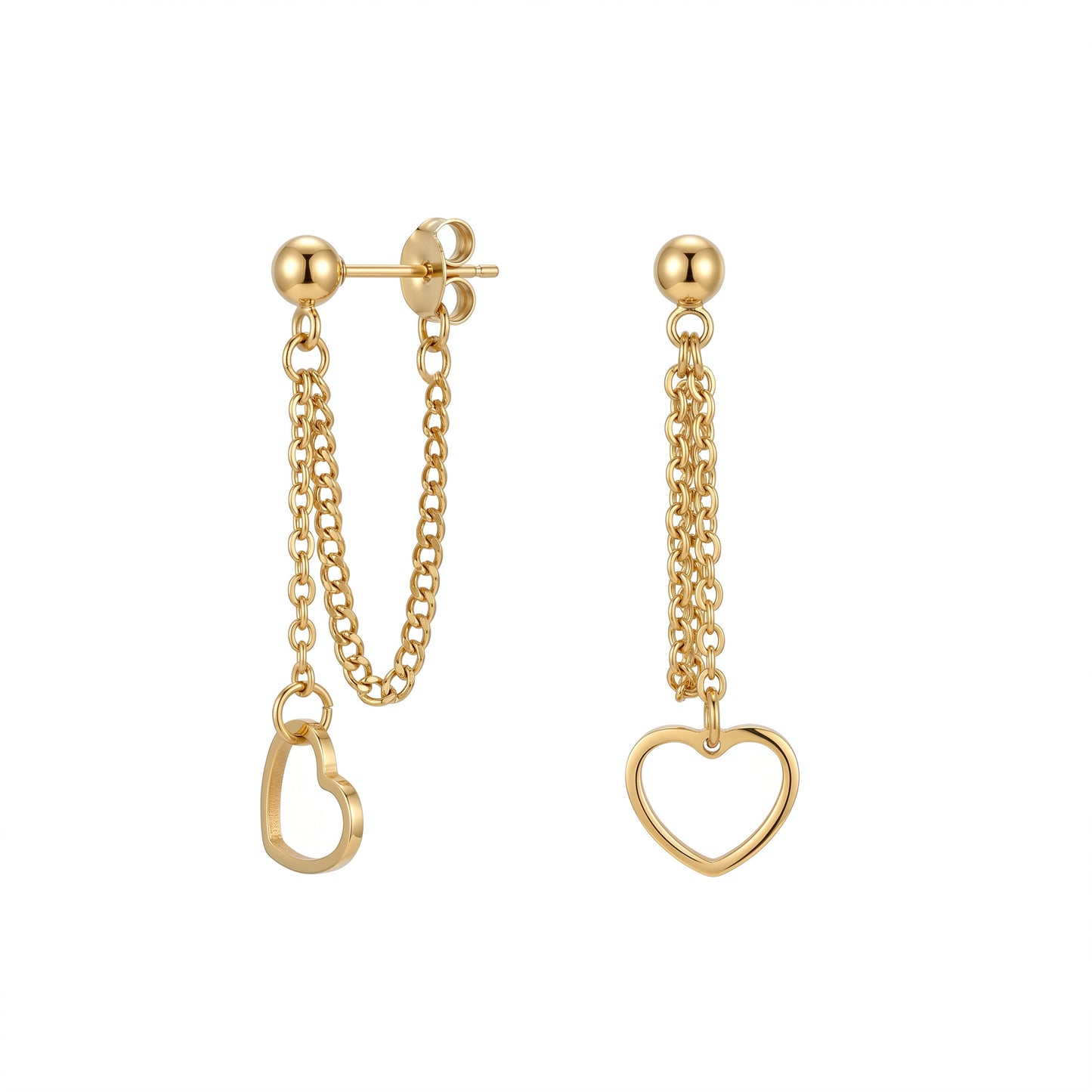 Gold Heart Chain Drop Earrings – Minimalist Stainless Steel Dangle Earrings with Romantic Edge