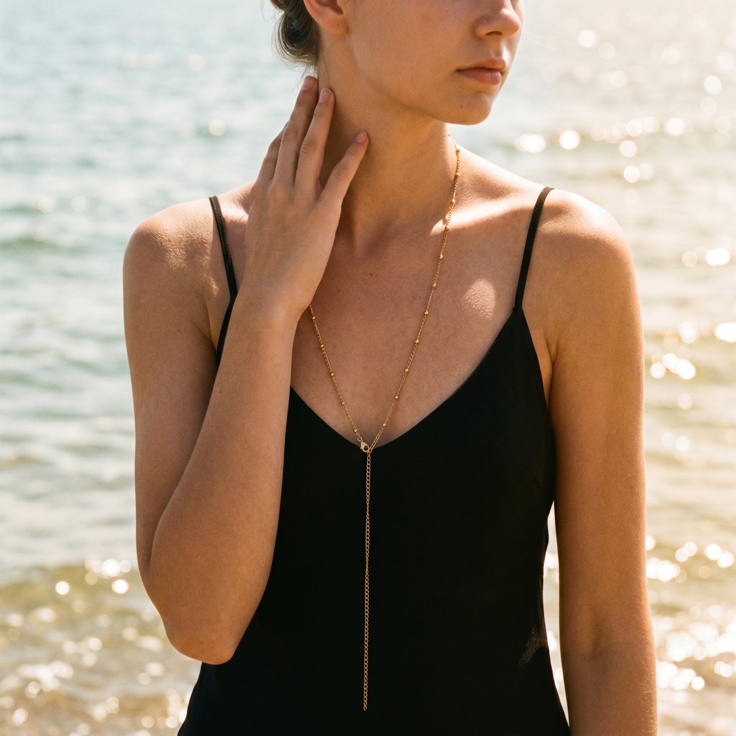 Hypoallergenic Gold Beaded Lariat Necklace, Waterproof Stainless Steel Long Drop Statement Chain