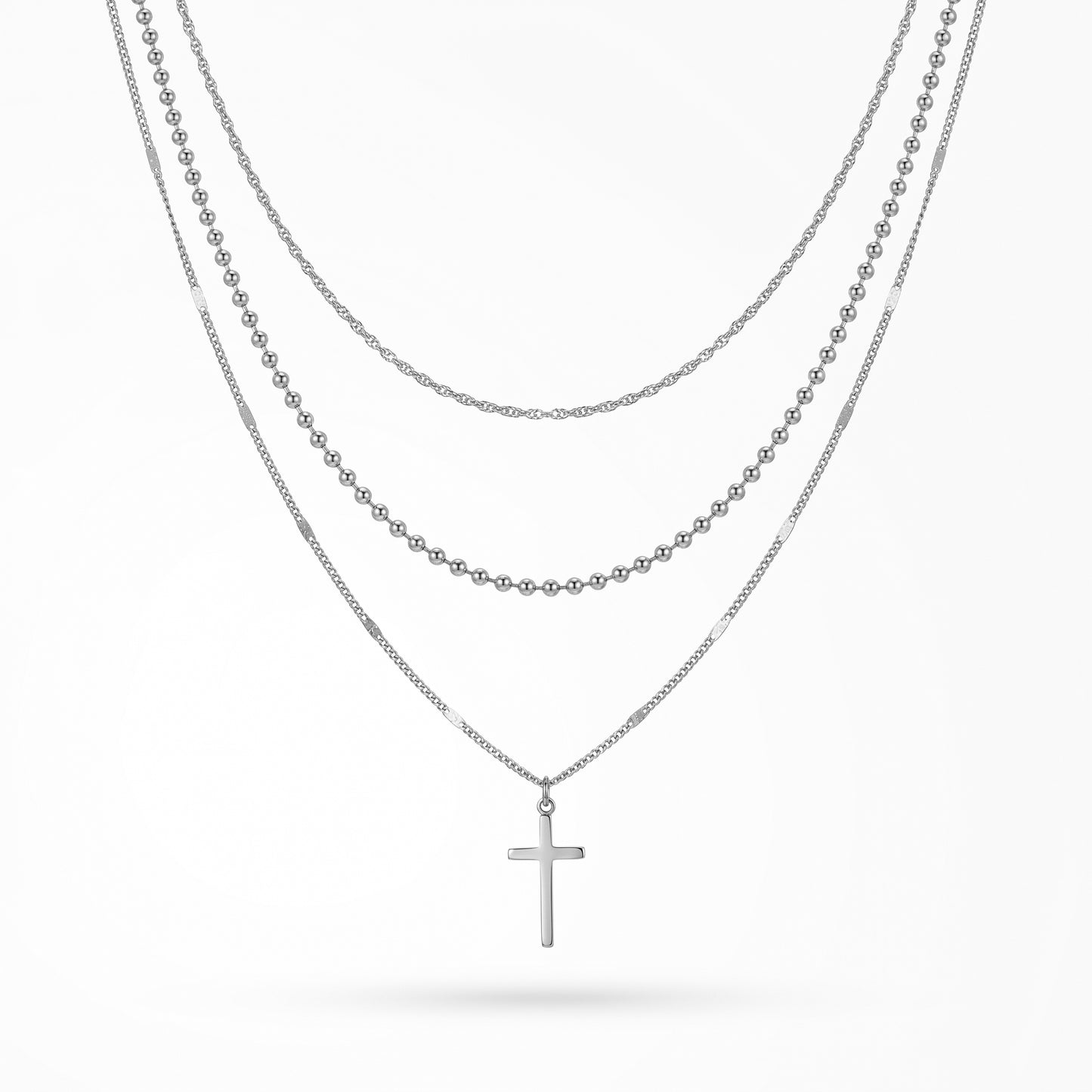 3-Piece Layered Cross Charm Necklace Set - 18K Gold Plated Hypoallergenic Waterproof Stainless Steel Jewelry for Women
