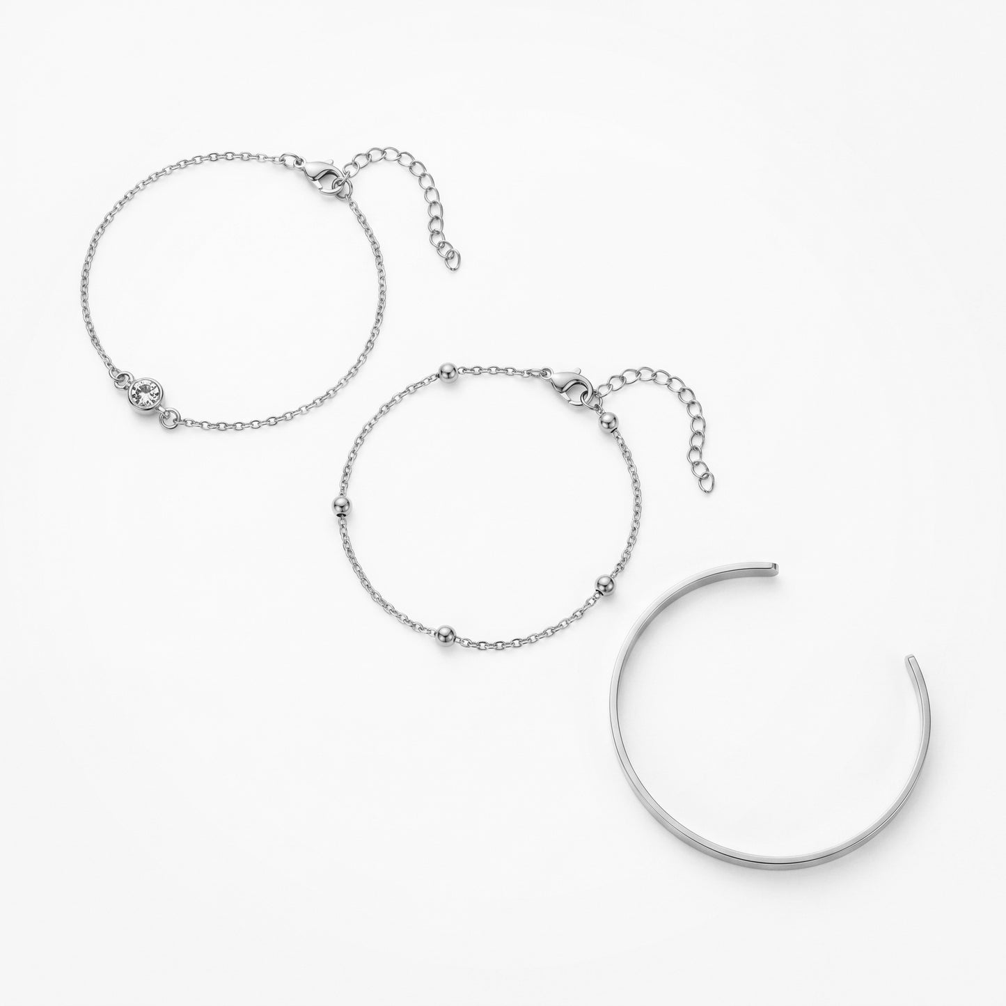 Dainty Layered Bracelet Trio - 18K Gold Plated Cuff Bangle, CZ Charm & Satellite Chain Waterproof Bracelet Set for Women