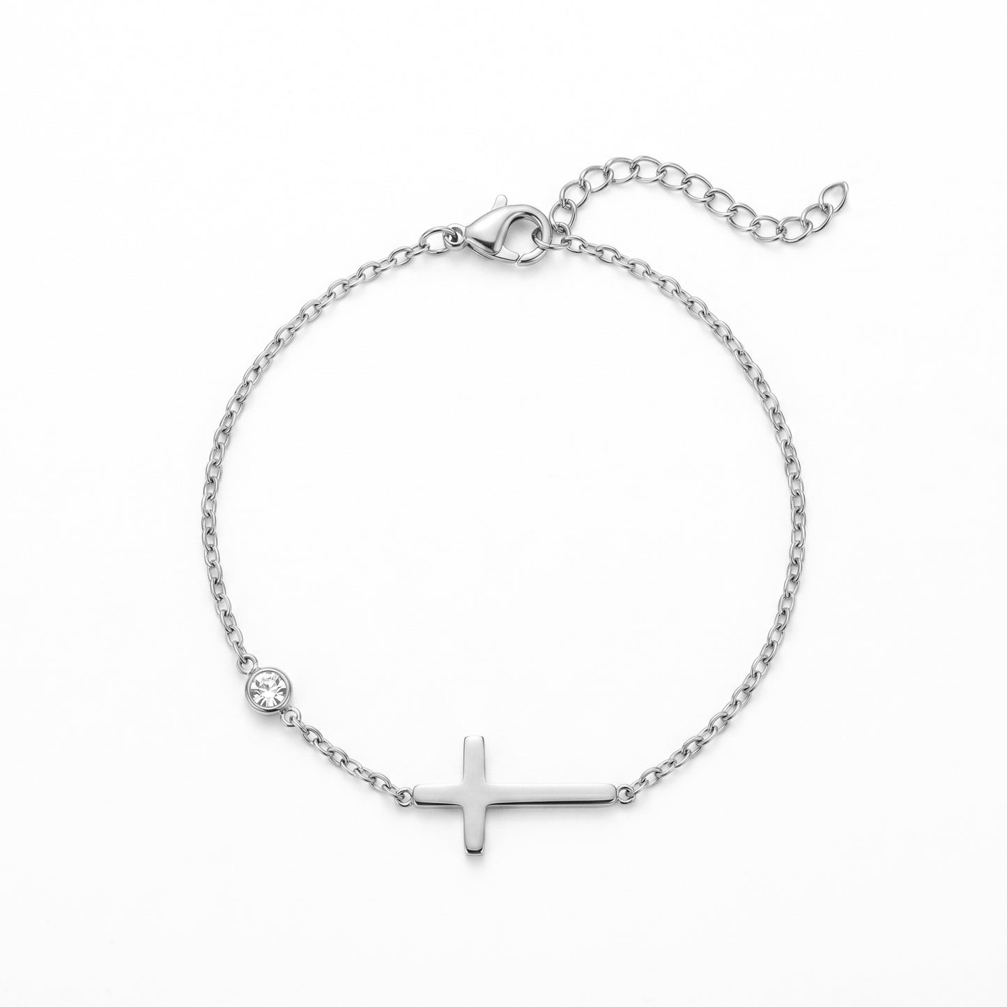 Dainty Sideways Cross Bracelet with Solitaire Zircon - Water-Resistant Stainless Steel