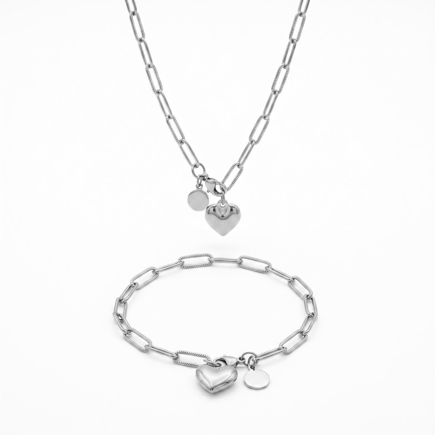 Heart Charm Paperclip Chain Jewelry Set - 18K Gold Plated Waterproof Stainless Steel