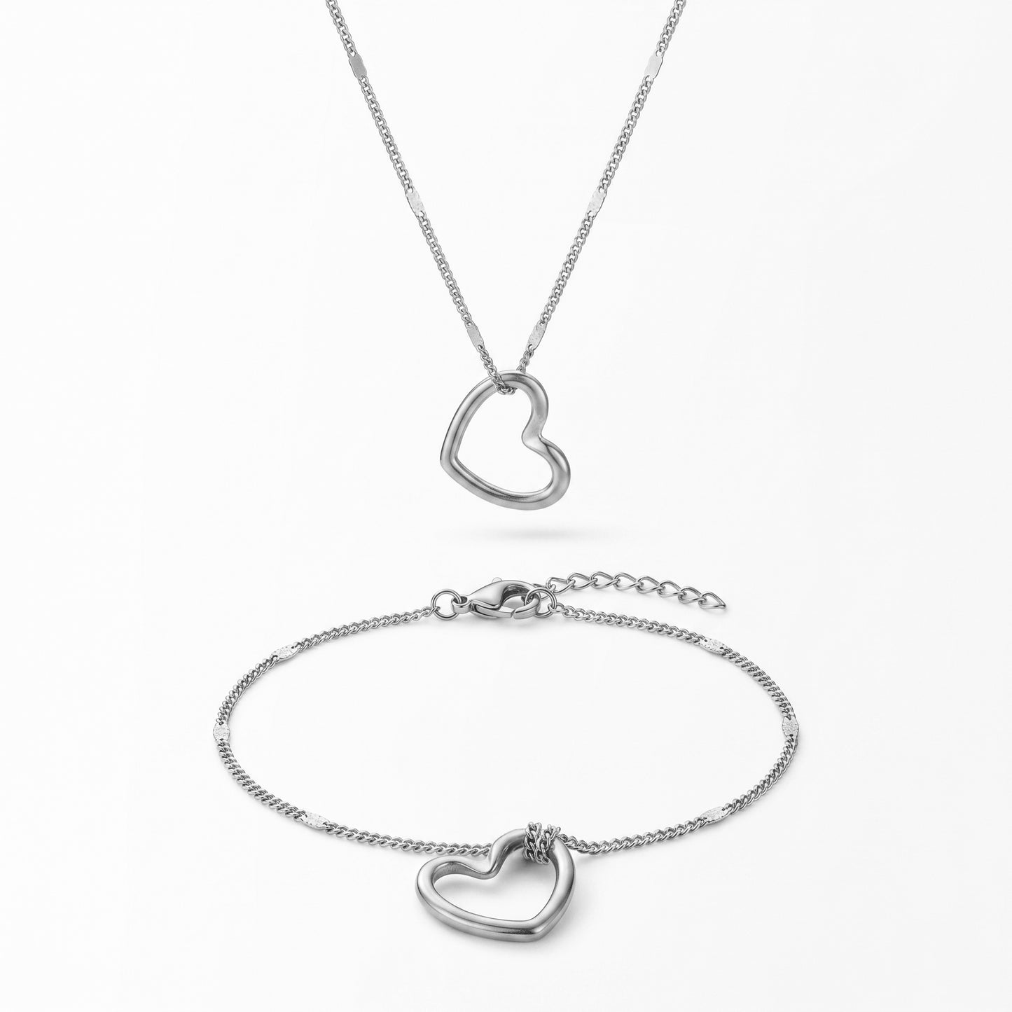 Open Heart Pendant Necklace & Bracelet Set - 18K Gold Plated Waterproof Stainless Steel Jewelry