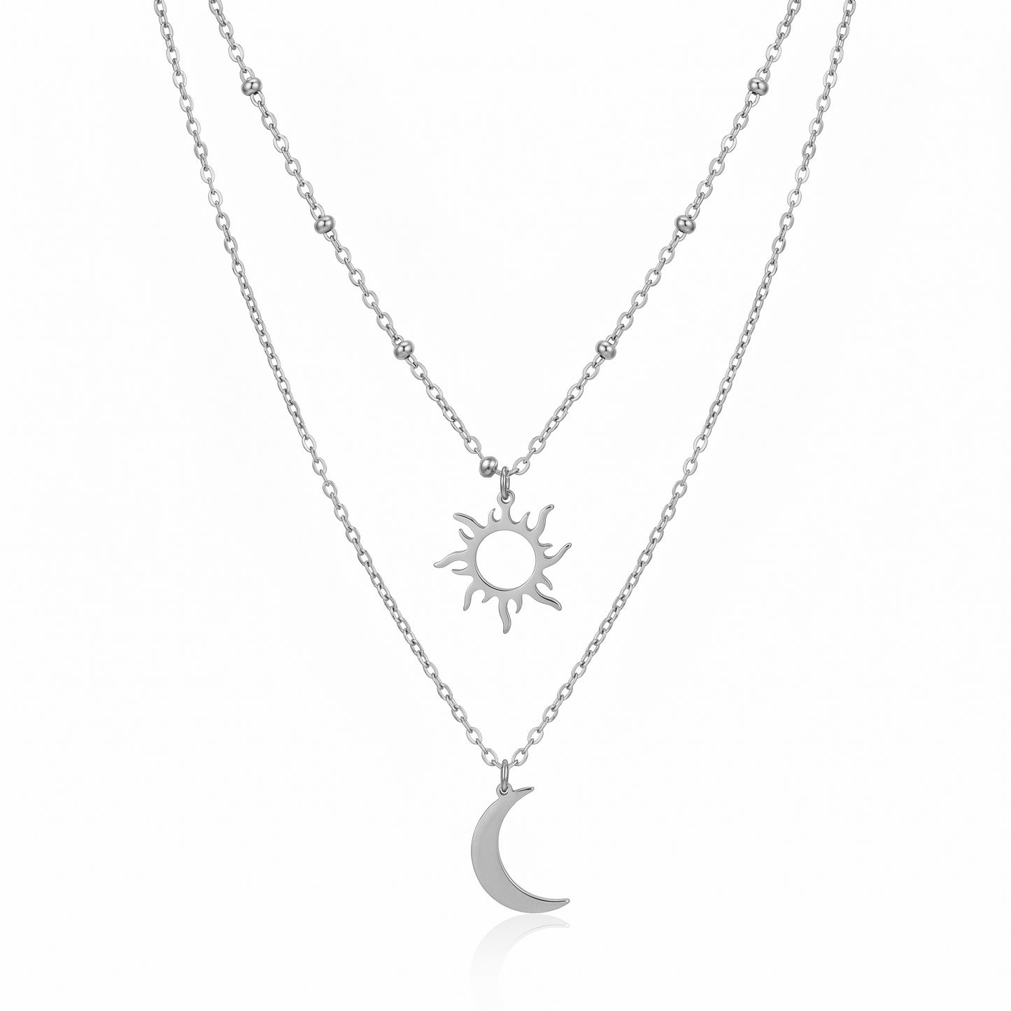 Hollow Sun Crescent Moon Layered Necklace - Durable, Water-Resistant Statement Piece
