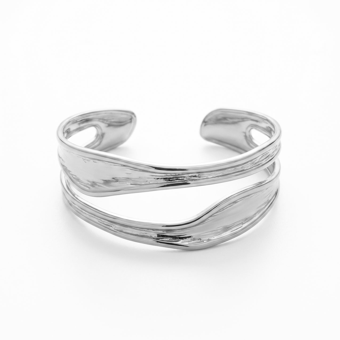 Sleek Double Layer Wave Bangle - 18K Gold Plated Everyday Adjustable Open Bracelet